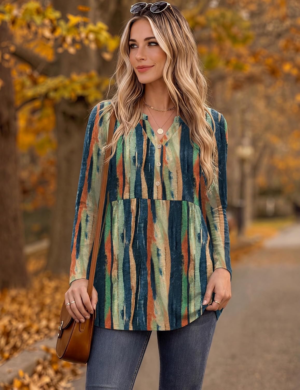 image:imageZeagoo Women Blouses Long Sleeve Top Boho Henley Vneck Pleated Fall TunicStripes 2