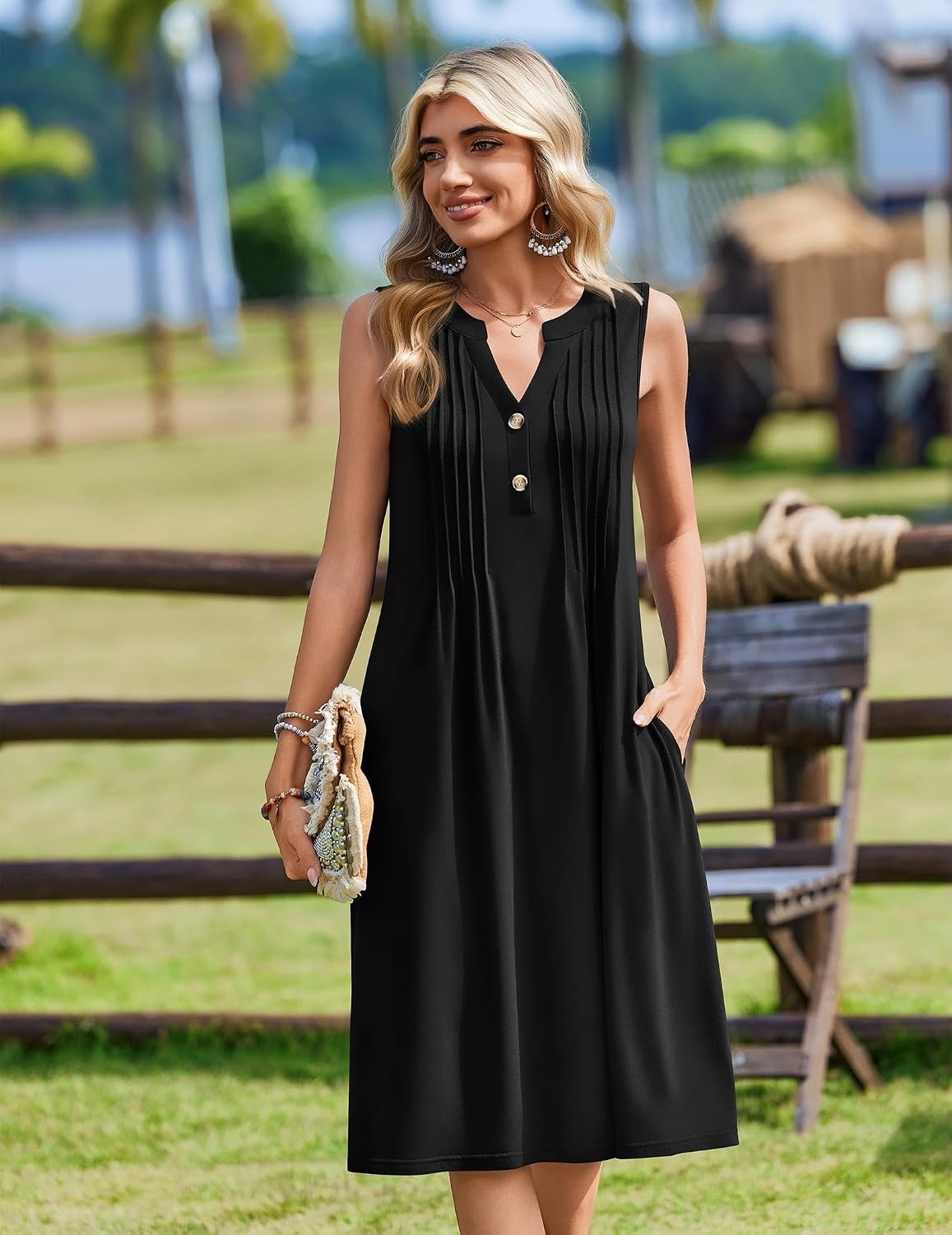 image:imageZeagoo Women Summer Casual Dress 2026 Sleeveless Midi Tank Sundress with Pockets V Neck Buttons Pleated A Line Tshirt DressBlack