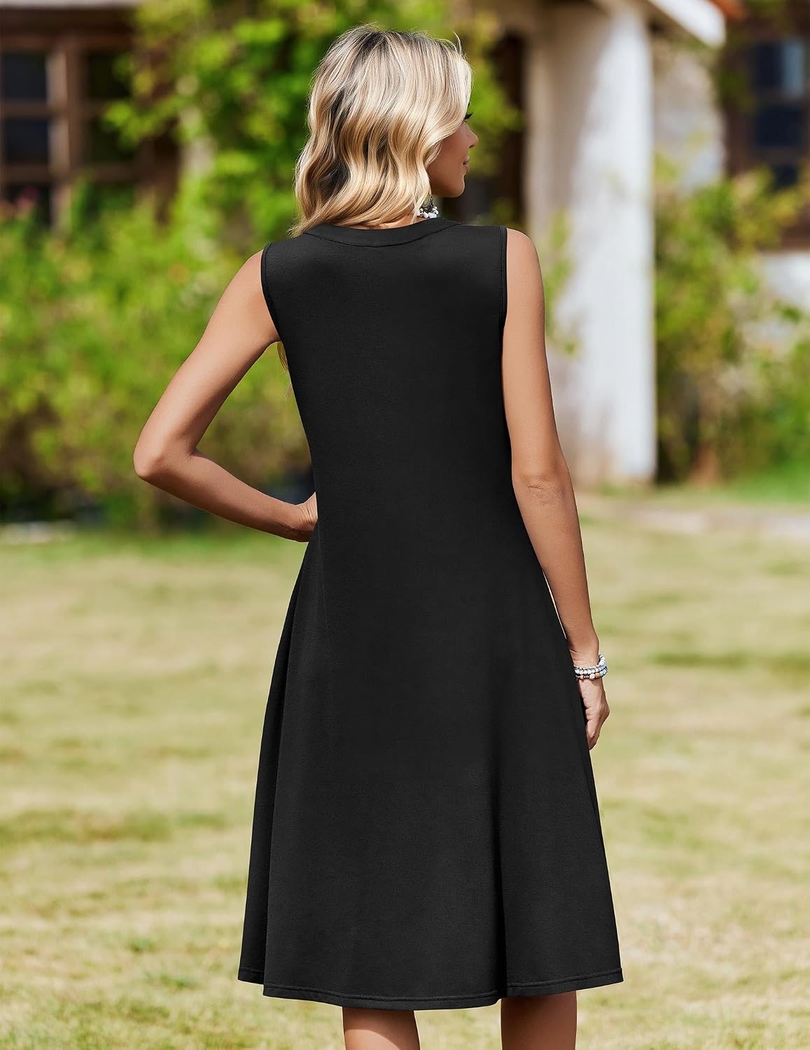 image:imageZeagoo Women Summer Casual Dress 2026 Sleeveless Midi Tank Sundress with Pockets V Neck Buttons Pleated A Line Tshirt DressBlack