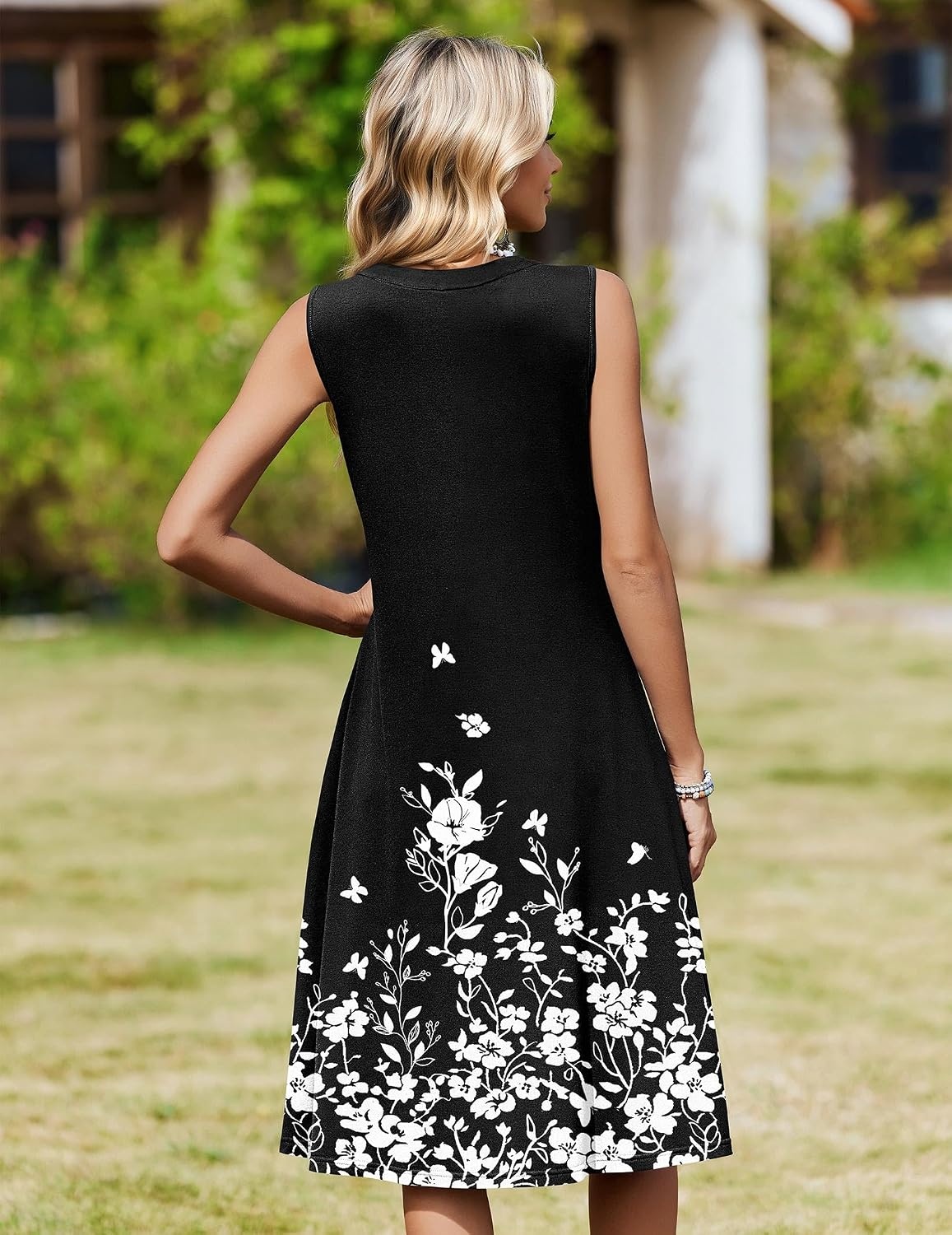 image:imageZeagoo Women Summer Casual Dress 2026 Sleeveless Midi Tank Sundress with Pockets V Neck Buttons Pleated A Line Tshirt DressBlack White Floral