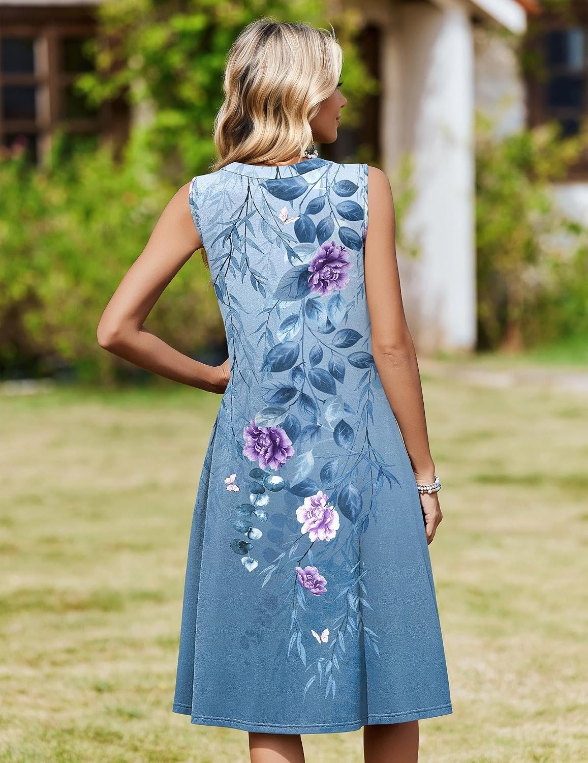 image:imageZeagoo Women Summer Casual Dress 2026 Sleeveless Midi Tank Sundress with Pockets V Neck Buttons Pleated A Line Tshirt DressBlue Purple Floral