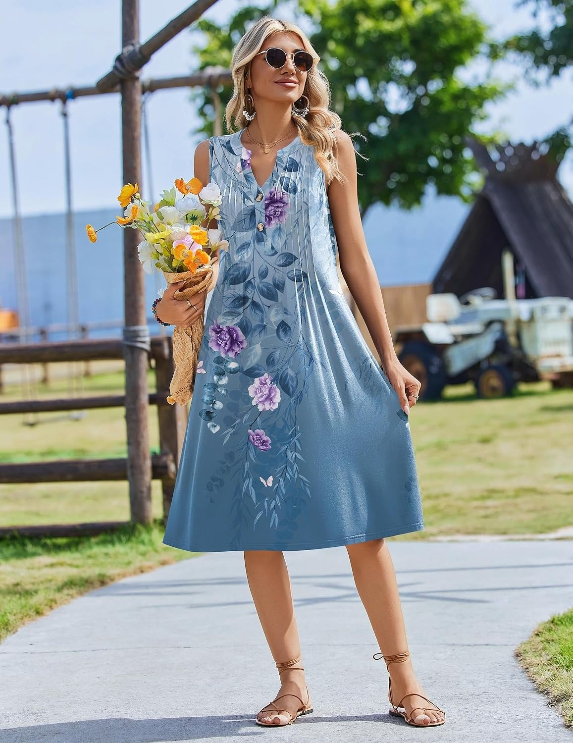 image:imageZeagoo Women Summer Casual Dress 2026 Sleeveless Midi Tank Sundress with Pockets V Neck Buttons Pleated A Line Tshirt DressBlue Purple Floral