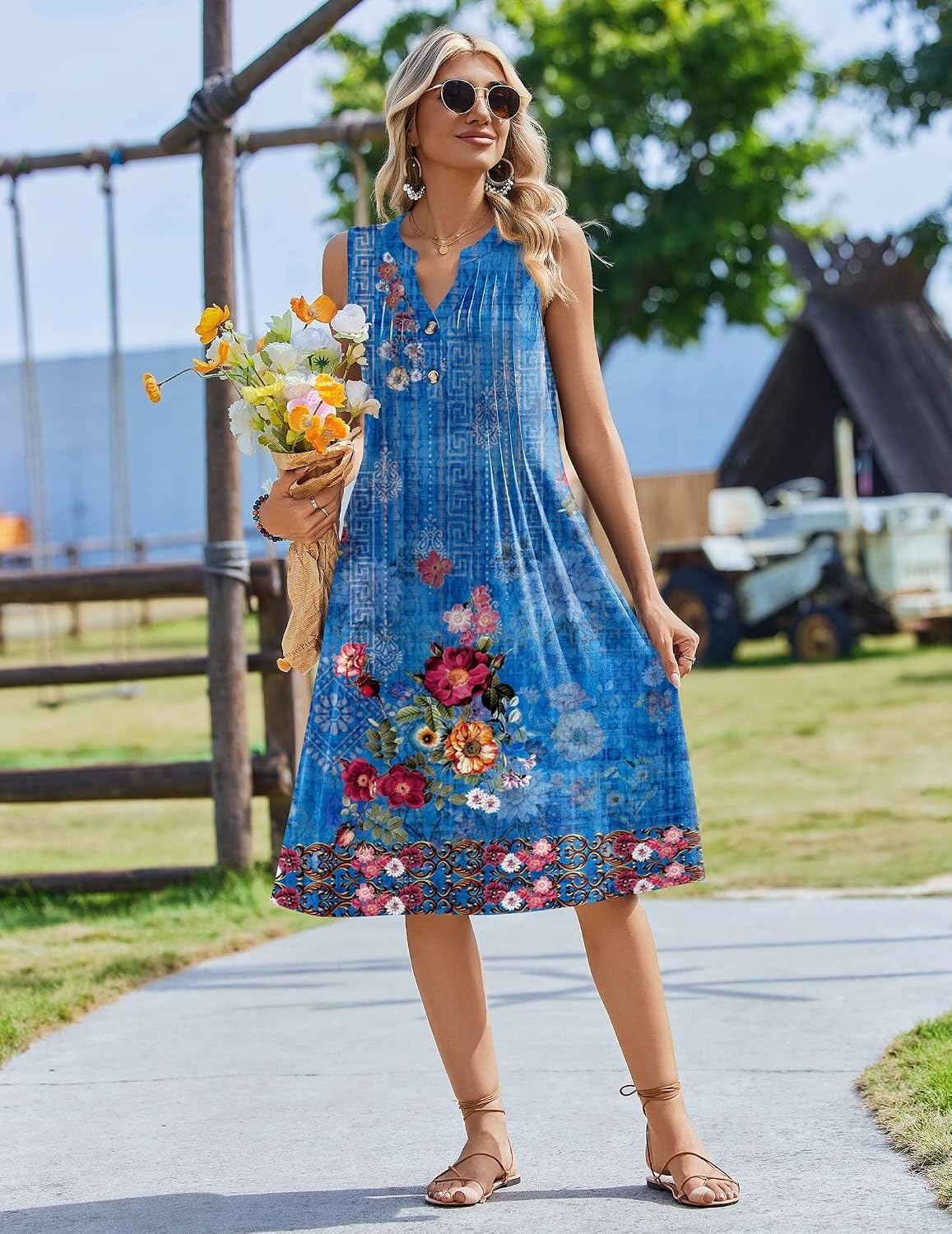 image:imageZeagoo Women Summer Casual Dress 2026 Sleeveless Midi Tank Sundress with Pockets V Neck Buttons Pleated A Line Tshirt DressBlue Red Floral