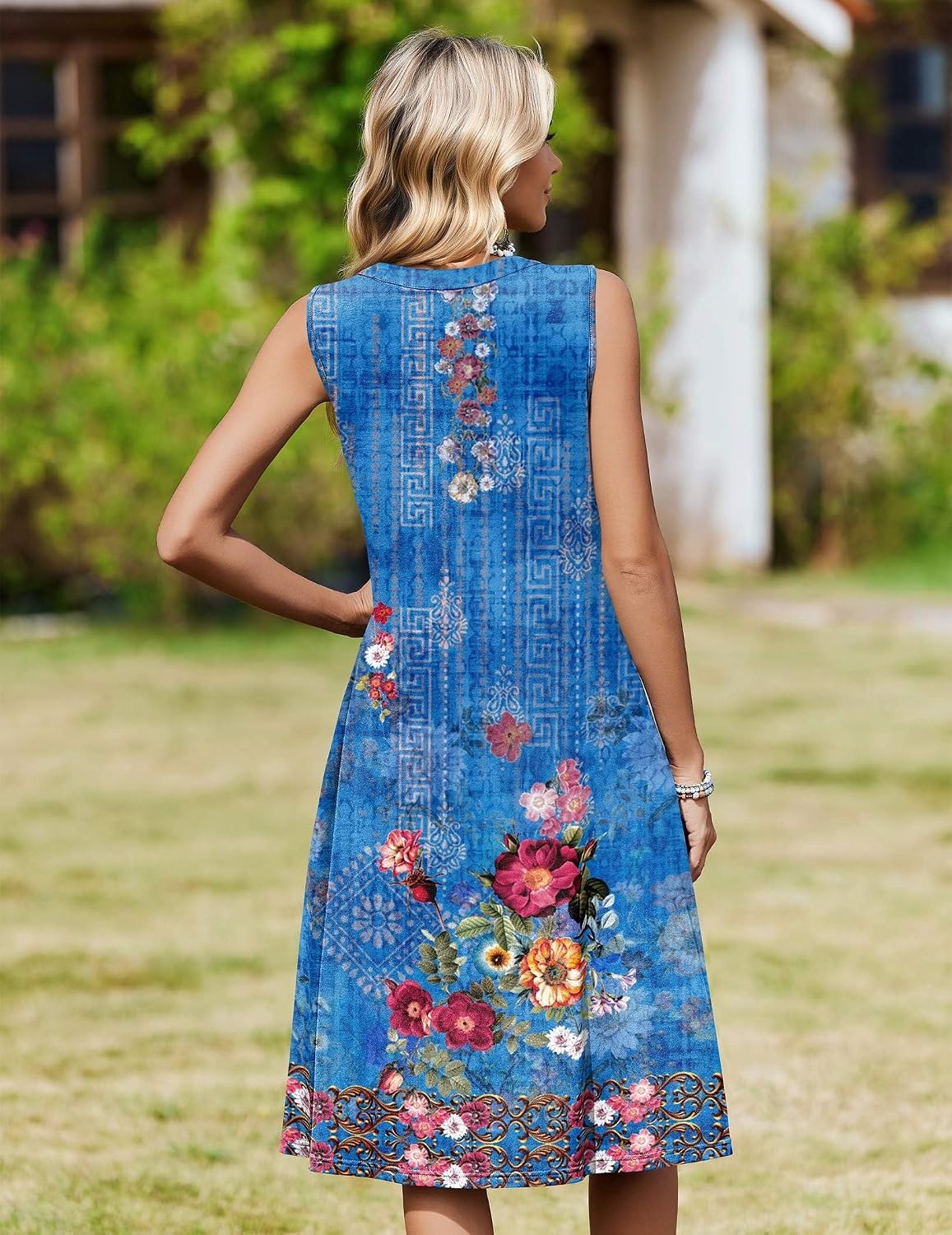 image:imageZeagoo Women Summer Casual Dress 2026 Sleeveless Midi Tank Sundress with Pockets V Neck Buttons Pleated A Line Tshirt DressBlue Red Floral