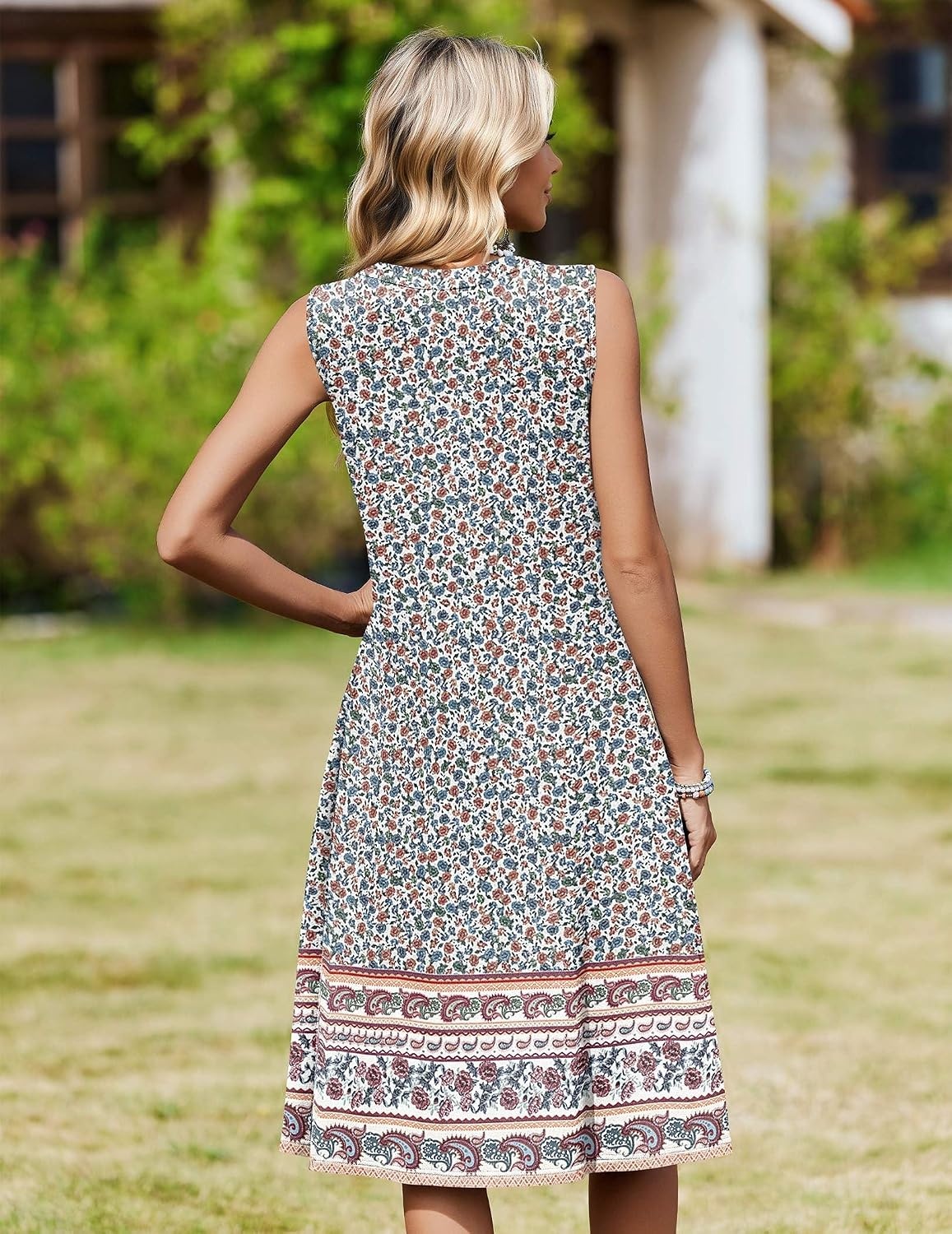 image:imageZeagoo Women Summer Casual Dress 2026 Sleeveless Midi Tank Sundress with Pockets V Neck Buttons Pleated A Line Tshirt DressBohemian Orange