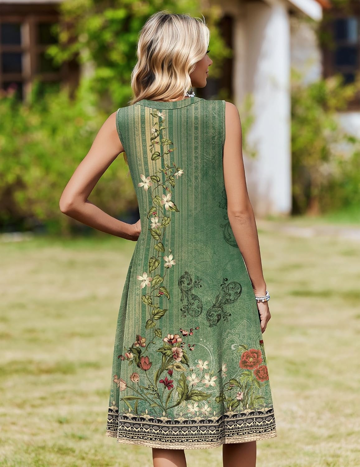 image:imageZeagoo Women Summer Casual Dress 2026 Sleeveless Midi Tank Sundress with Pockets V Neck Buttons Pleated A Line Tshirt DressGreen Floral