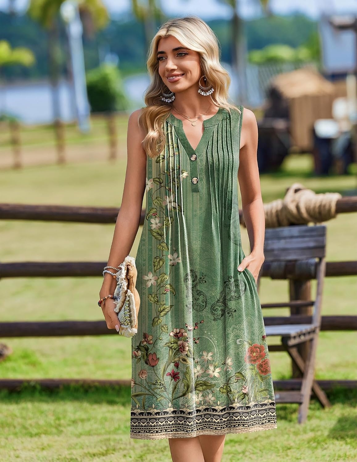 image:imageZeagoo Women Summer Casual Dress 2026 Sleeveless Midi Tank Sundress with Pockets V Neck Buttons Pleated A Line Tshirt DressGreen Floral
