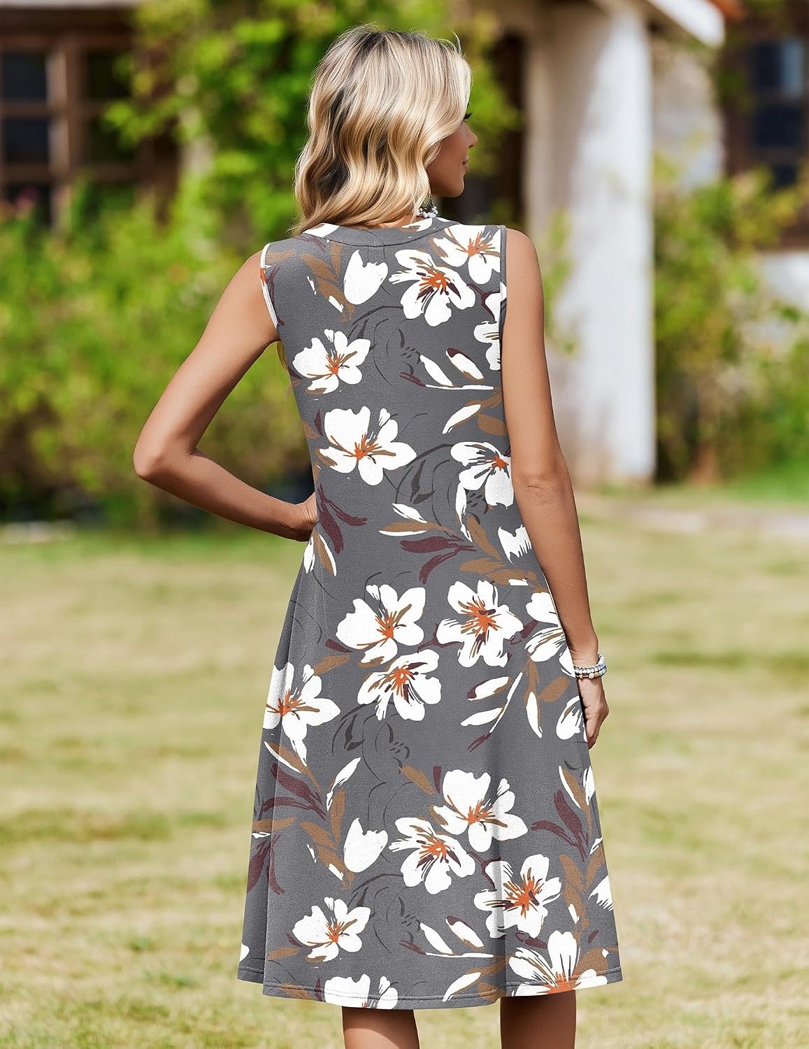 image:imageZeagoo Women Summer Casual Dress 2026 Sleeveless Midi Tank Sundress with Pockets V Neck Buttons Pleated A Line Tshirt DressGrey White Floral