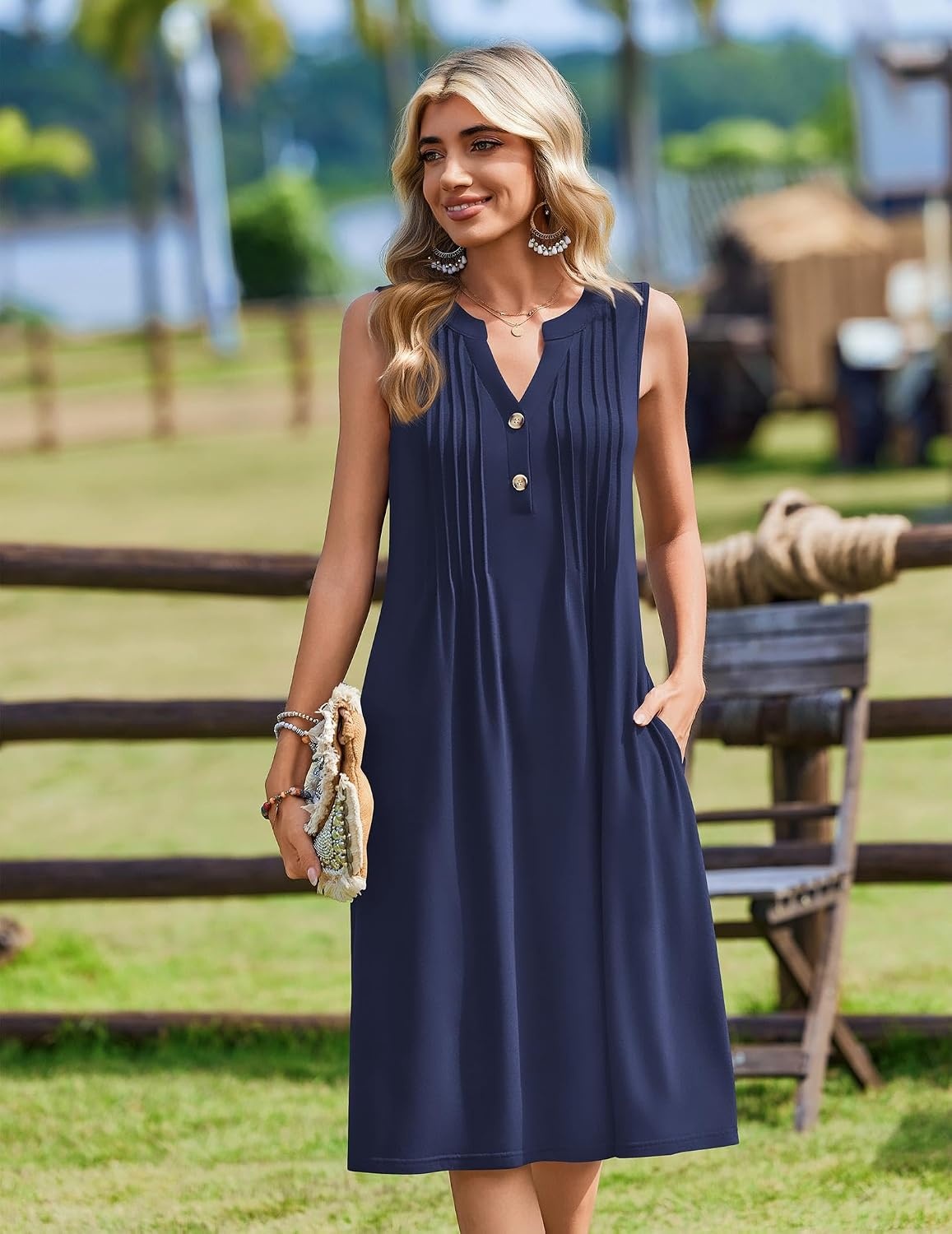 image:imageZeagoo Women Summer Casual Dress 2026 Sleeveless Midi Tank Sundress with Pockets V Neck Buttons Pleated A Line Tshirt DressNavy Blue