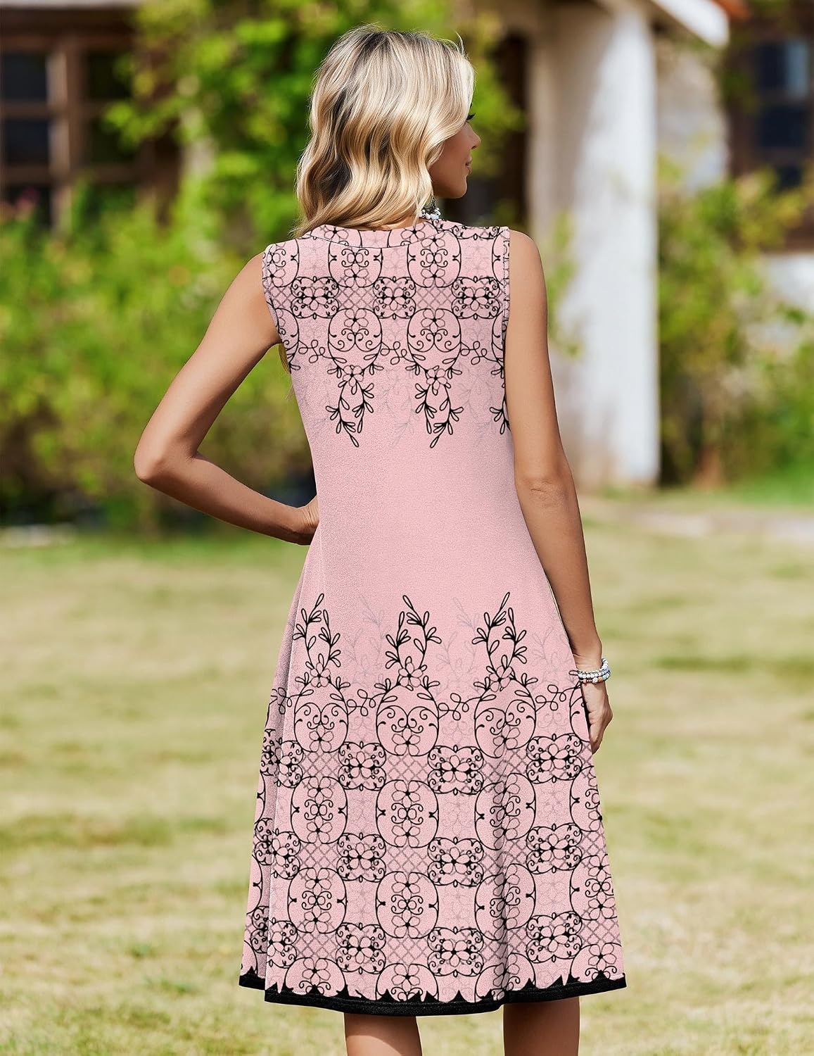 image:imageZeagoo Women Summer Casual Dress 2026 Sleeveless Midi Tank Sundress with Pockets V Neck Buttons Pleated A Line Tshirt DressPink Floral