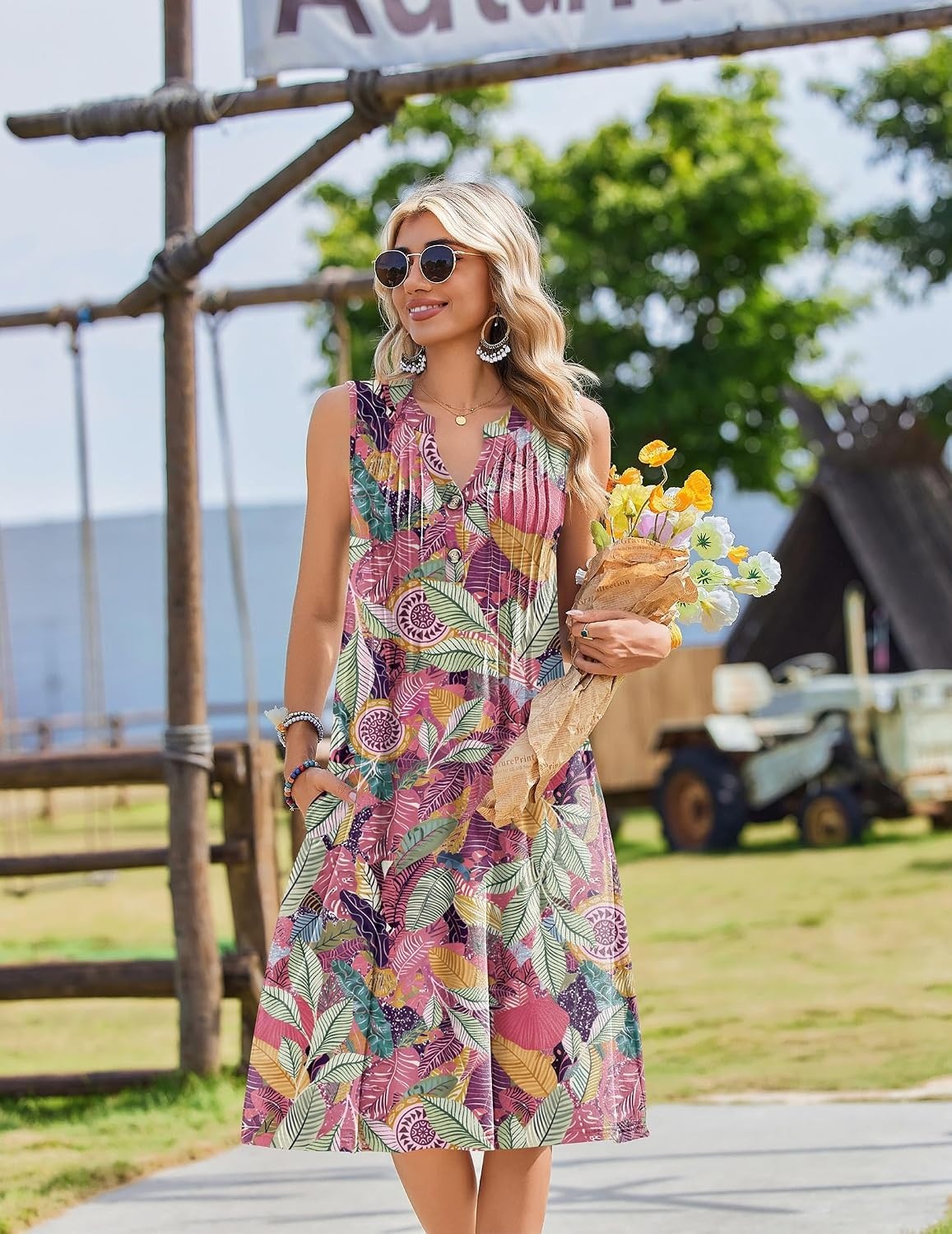 image:imageZeagoo Women Summer Casual Dress 2026 Sleeveless Midi Tank Sundress with Pockets V Neck Buttons Pleated A Line Tshirt DressPink Green Leaf