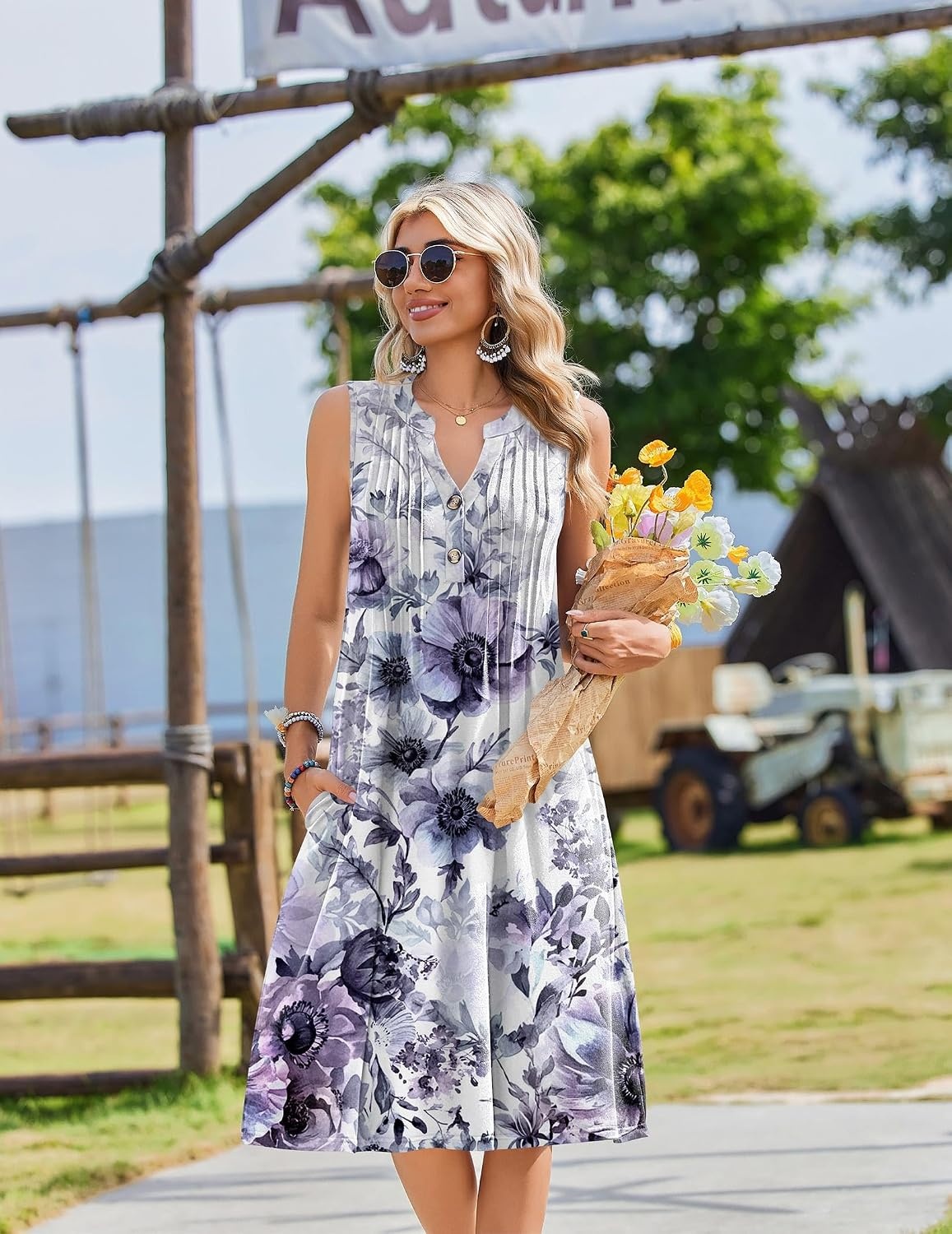 image:imageZeagoo Women Summer Casual Dress 2026 Sleeveless Midi Tank Sundress with Pockets V Neck Buttons Pleated A Line Tshirt DressPurple Floral