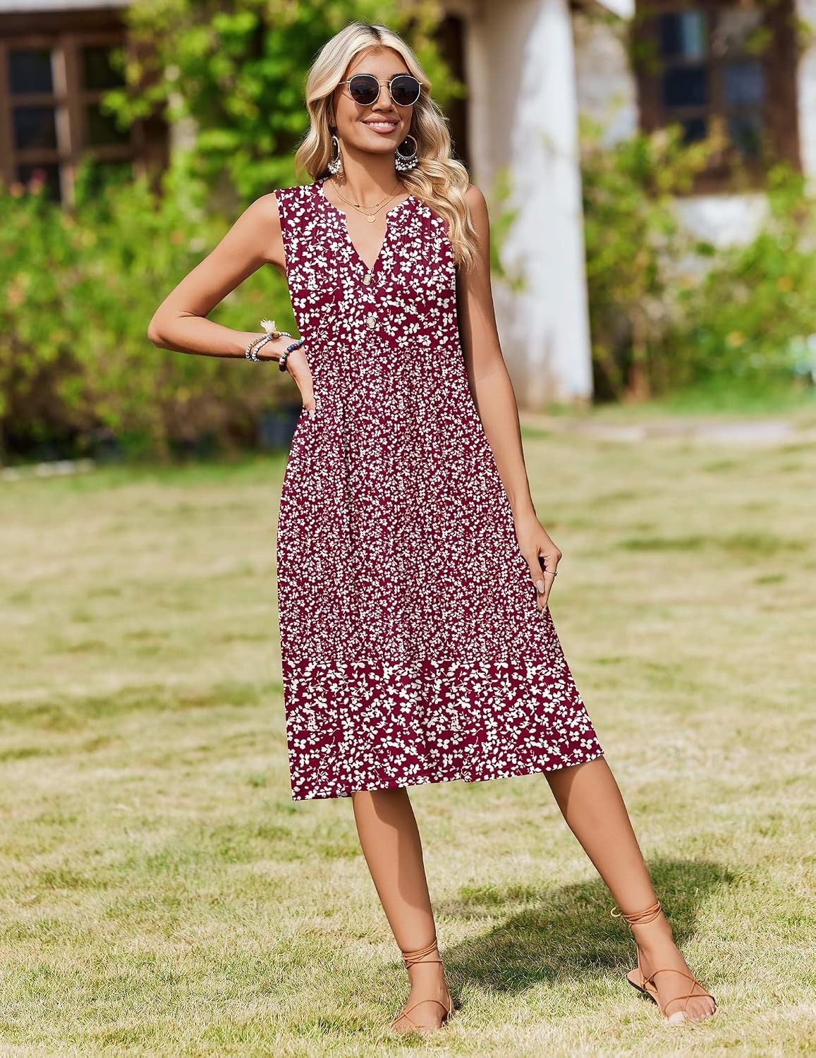 image:imageZeagoo Women Summer Casual Dress 2026 Sleeveless Midi Tank Sundress with Pockets V Neck Buttons Pleated A Line Tshirt DressRed White Floral