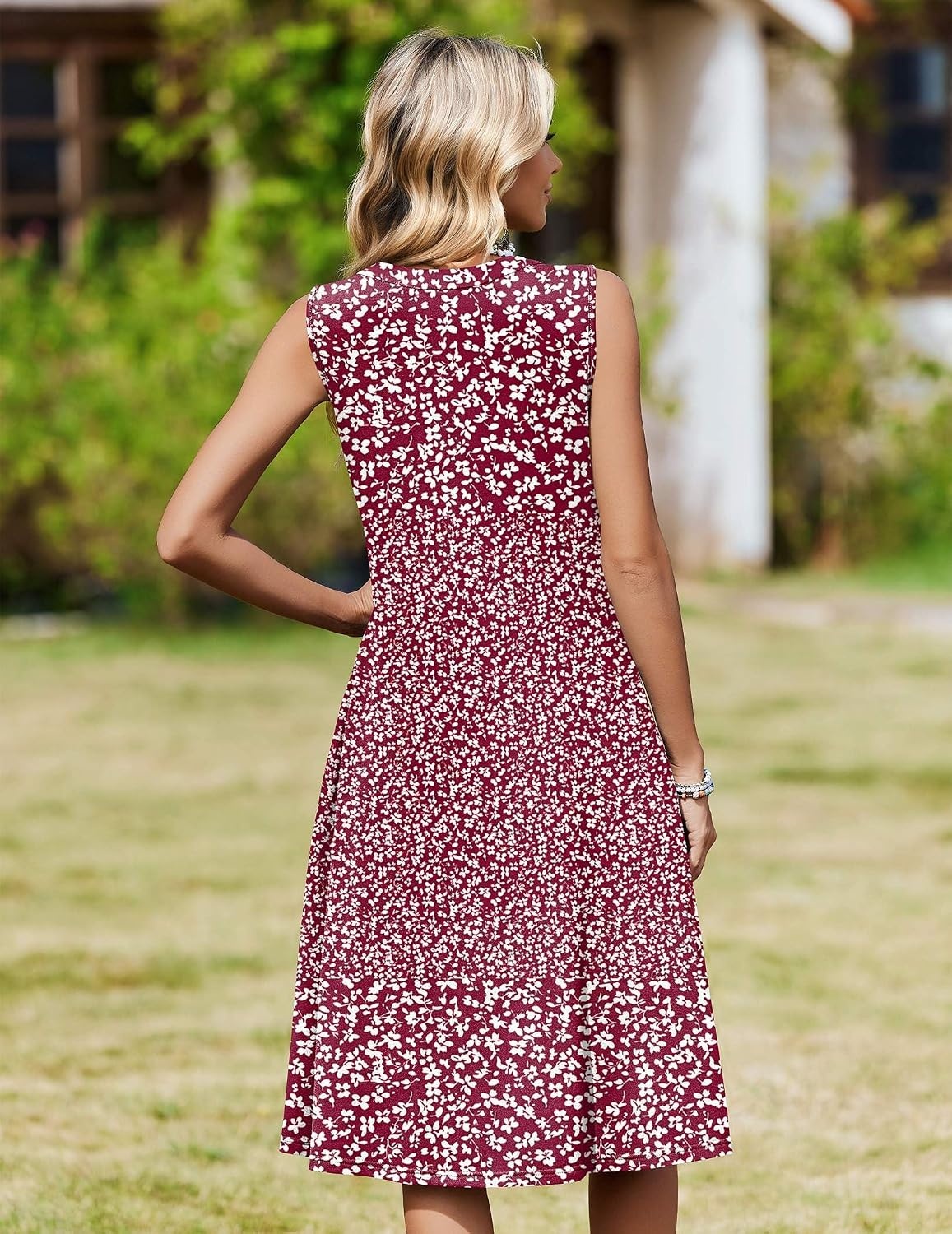 image:imageZeagoo Women Summer Casual Dress 2026 Sleeveless Midi Tank Sundress with Pockets V Neck Buttons Pleated A Line Tshirt DressRed White Floral