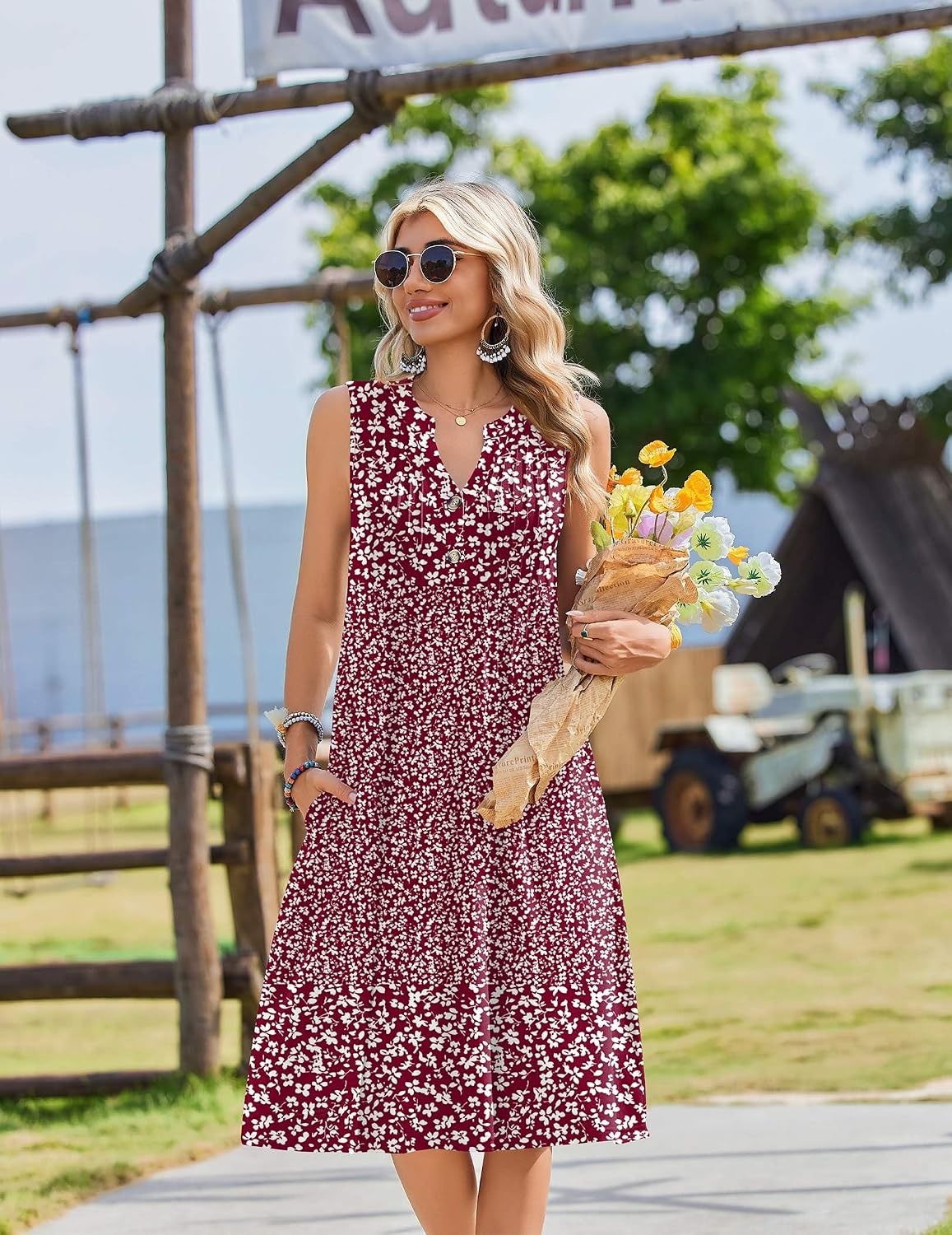 image:imageZeagoo Women Summer Casual Dress 2026 Sleeveless Midi Tank Sundress with Pockets V Neck Buttons Pleated A Line Tshirt DressRed White Floral