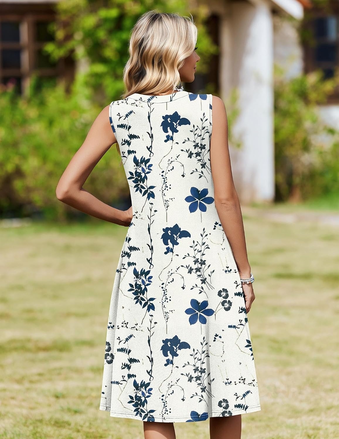 image:imageZeagoo Women Summer Casual Dress 2026 Sleeveless Midi Tank Sundress with Pockets V Neck Buttons Pleated A Line Tshirt DressWhite Blue Floral