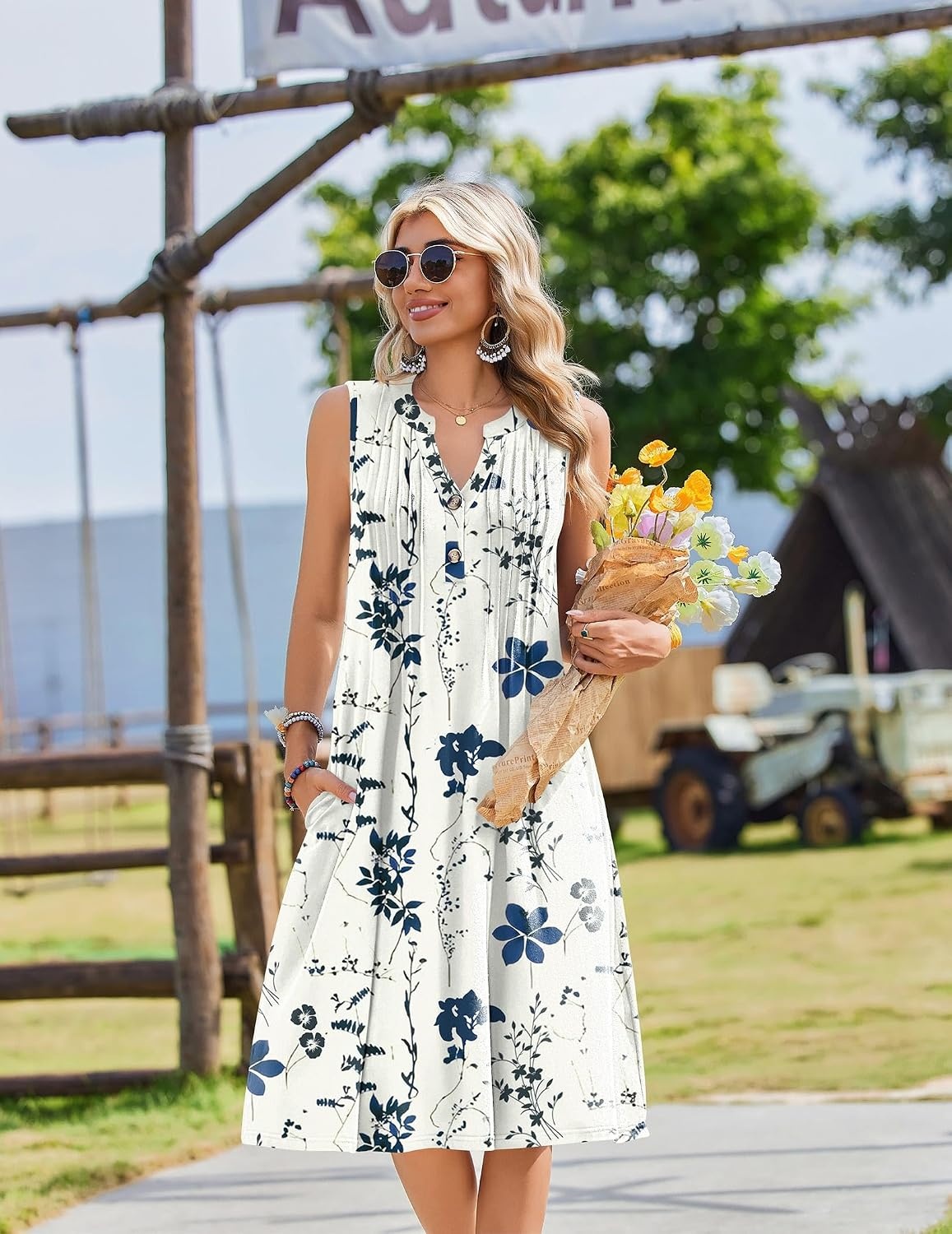 image:imageZeagoo Women Summer Casual Dress 2026 Sleeveless Midi Tank Sundress with Pockets V Neck Buttons Pleated A Line Tshirt DressWhite Blue Floral