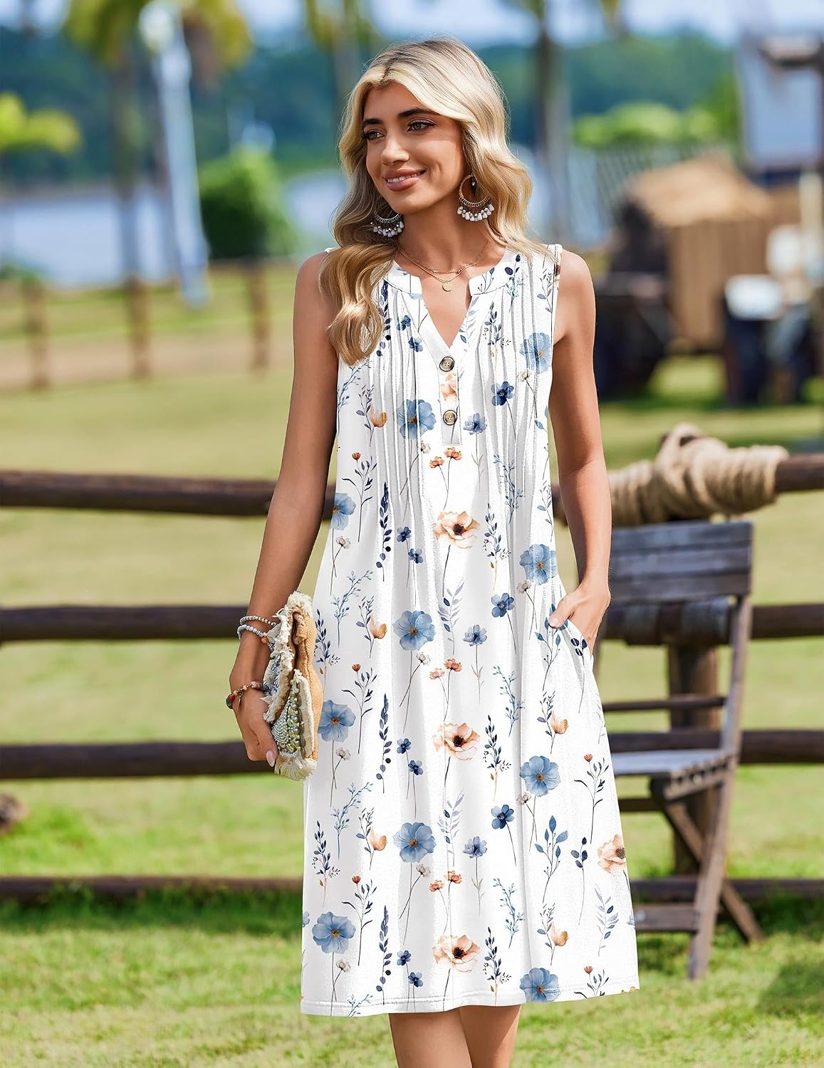 image:imageZeagoo Women Summer Casual Dress 2026 Sleeveless Midi Tank Sundress with Pockets V Neck Buttons Pleated A Line Tshirt DressWhite Floral