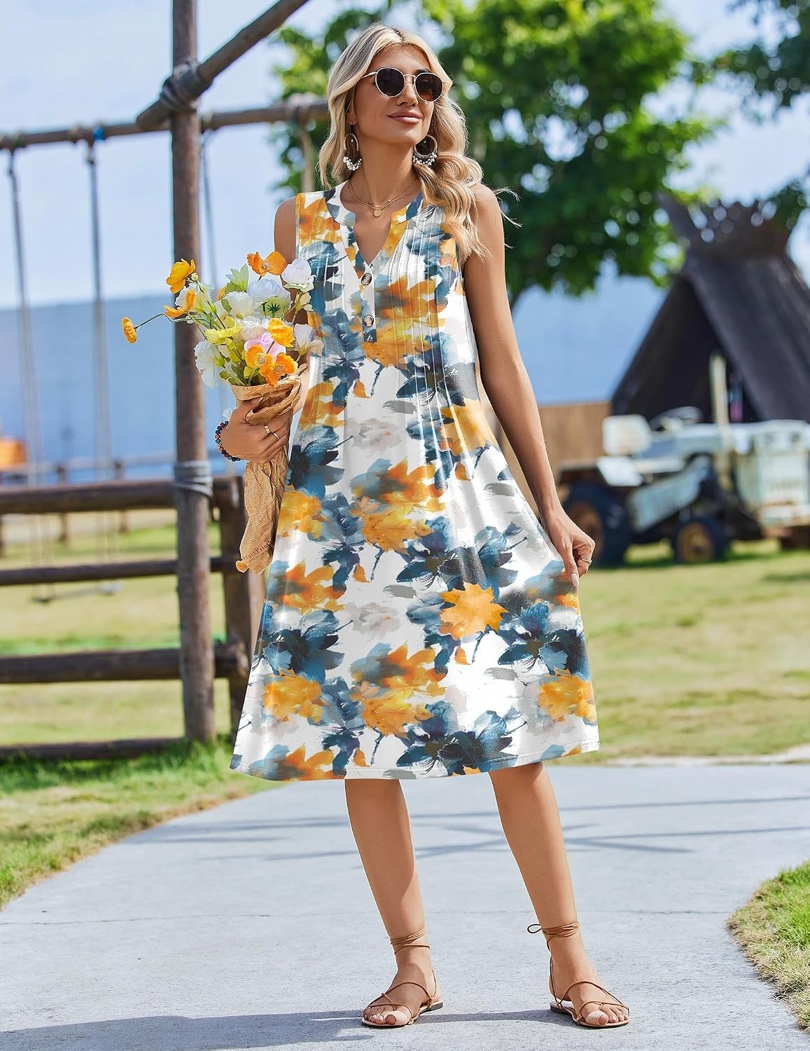 image:imageZeagoo Women Summer Casual Dress 2026 Sleeveless Midi Tank Sundress with Pockets V Neck Buttons Pleated A Line Tshirt DressWhite Yellow Floral