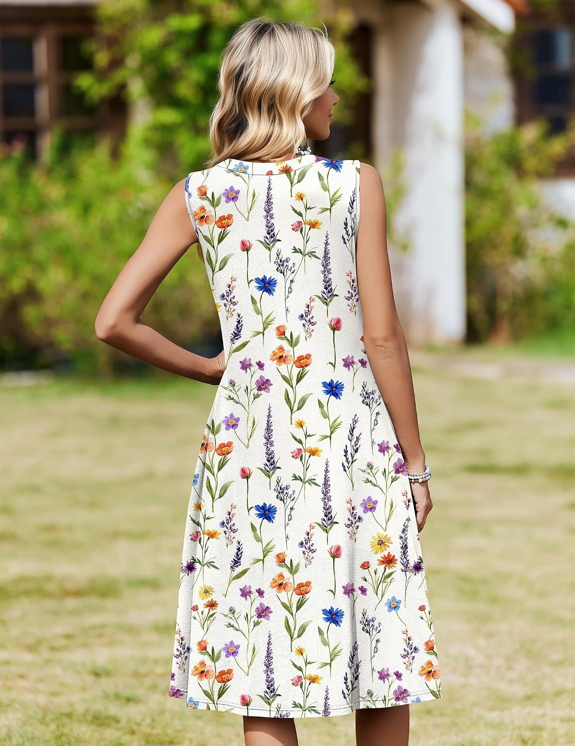 image:imageZeagoo Women Summer Casual Dress 2026 Sleeveless Midi Tank Sundress with Pockets V Neck Buttons Pleated A Line Tshirt DressYellow Orange Floral