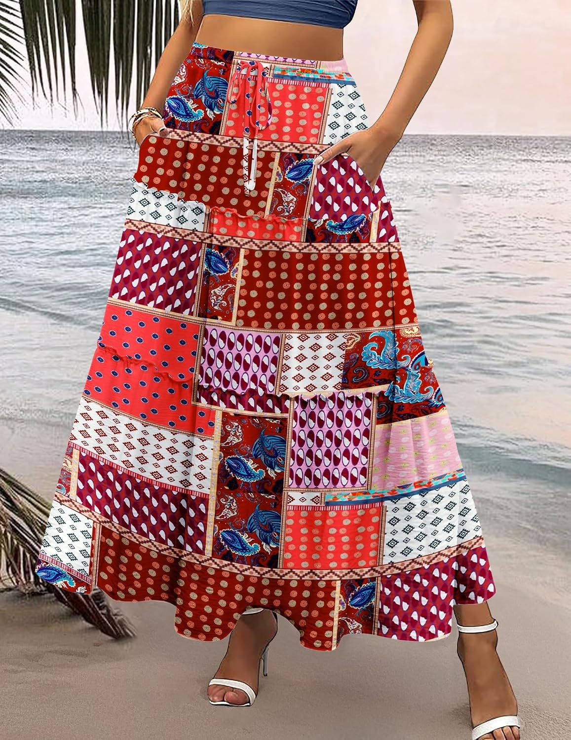 image:imageZeagoo Womens Casual Maxi Skirts for Women 2026 High Waist Boho Skirts Floral Printed Long Flowy Skirt with PocketsBohoprinted