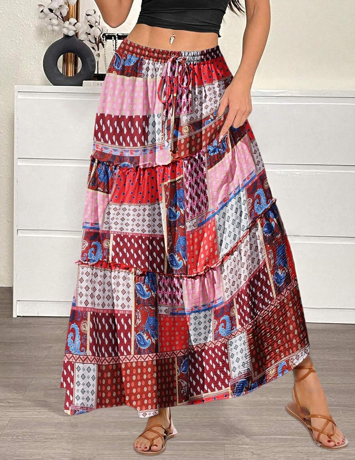 image:imageZeagoo Womens Casual Maxi Skirts for Women 2026 High Waist Boho Skirts Floral Printed Long Flowy Skirt with PocketsBohoprinted