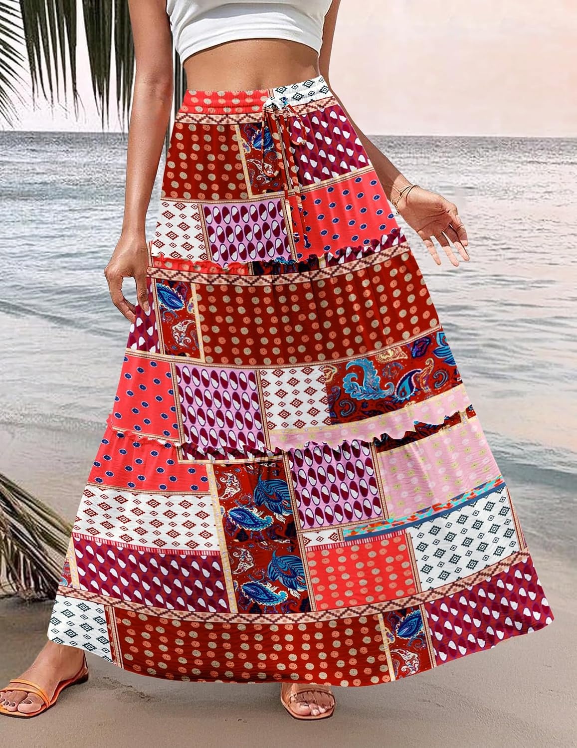 image:imageZeagoo Womens Casual Maxi Skirts for Women 2026 High Waist Boho Skirts Floral Printed Long Flowy Skirt with PocketsBohoprinted