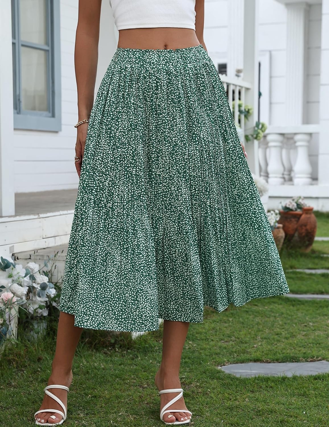 image:imageZeagoo Womens Midi Skirts High Waisted Pleated ALine Swing Skirts Summer Long Skirts with Pockets01green Floral