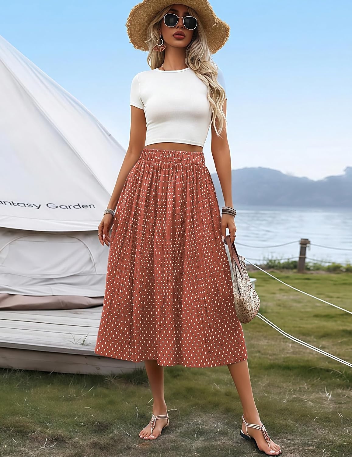 image:imageZeagoo Womens Midi Skirts High Waisted Pleated ALine Swing Skirts Summer Long Skirts with Pockets02coffee