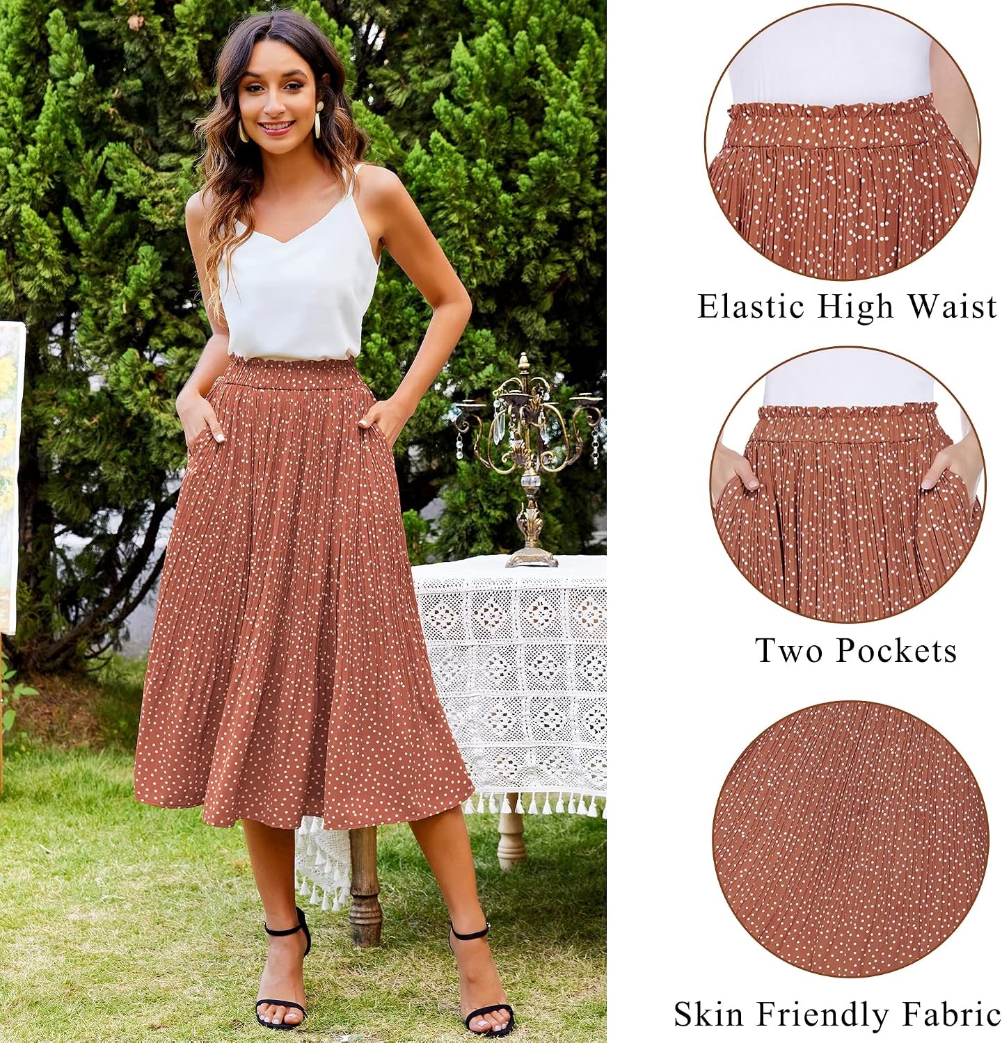 image:imageZeagoo Womens Midi Skirts High Waisted Pleated ALine Swing Skirts Summer Long Skirts with Pockets02coffee