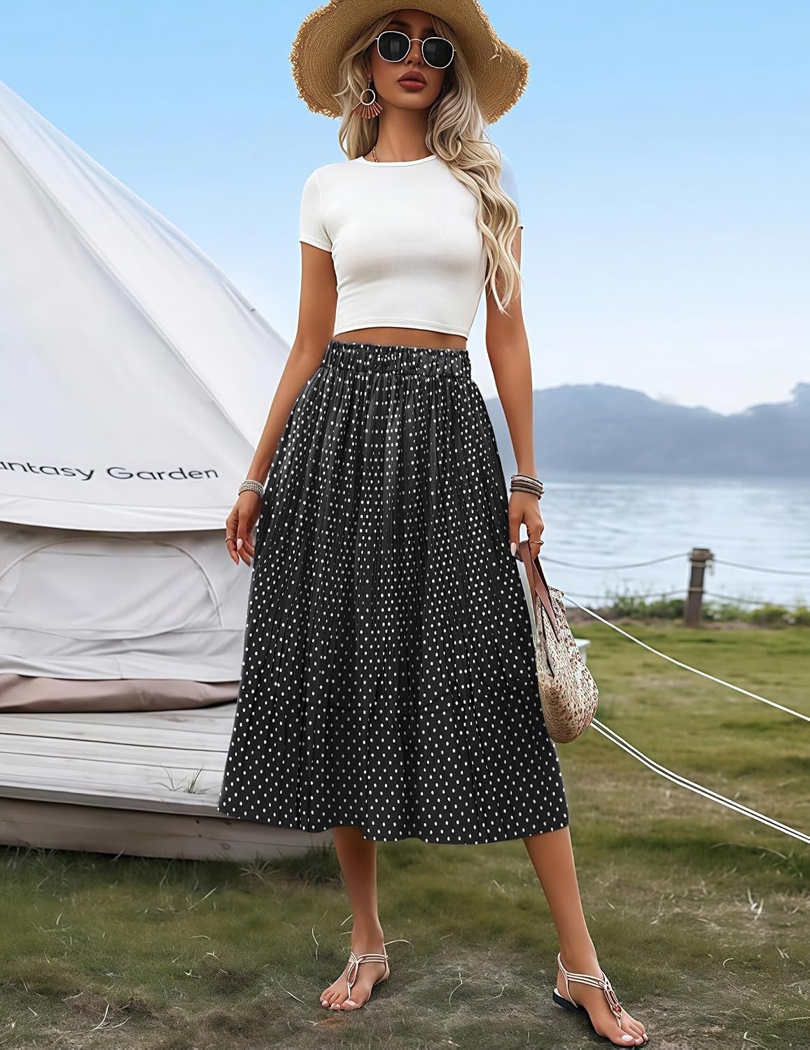 image:imageZeagoo Womens Midi Skirts High Waisted Pleated ALine Swing Skirts Summer Long Skirts with Pockets03blcack Floral