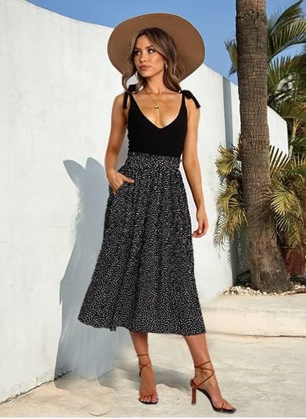 image:imageZeagoo Womens Midi Skirts High Waisted Pleated ALine Swing Skirts Summer Long Skirts with Pockets03blcack Floral