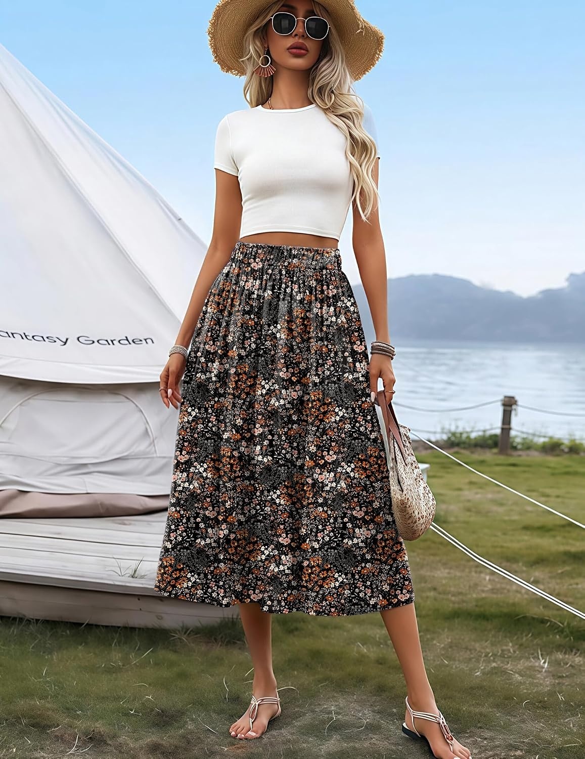 image:imageZeagoo Womens Midi Skirts High Waisted Pleated ALine Swing Skirts Summer Long Skirts with Pockets04black Floral