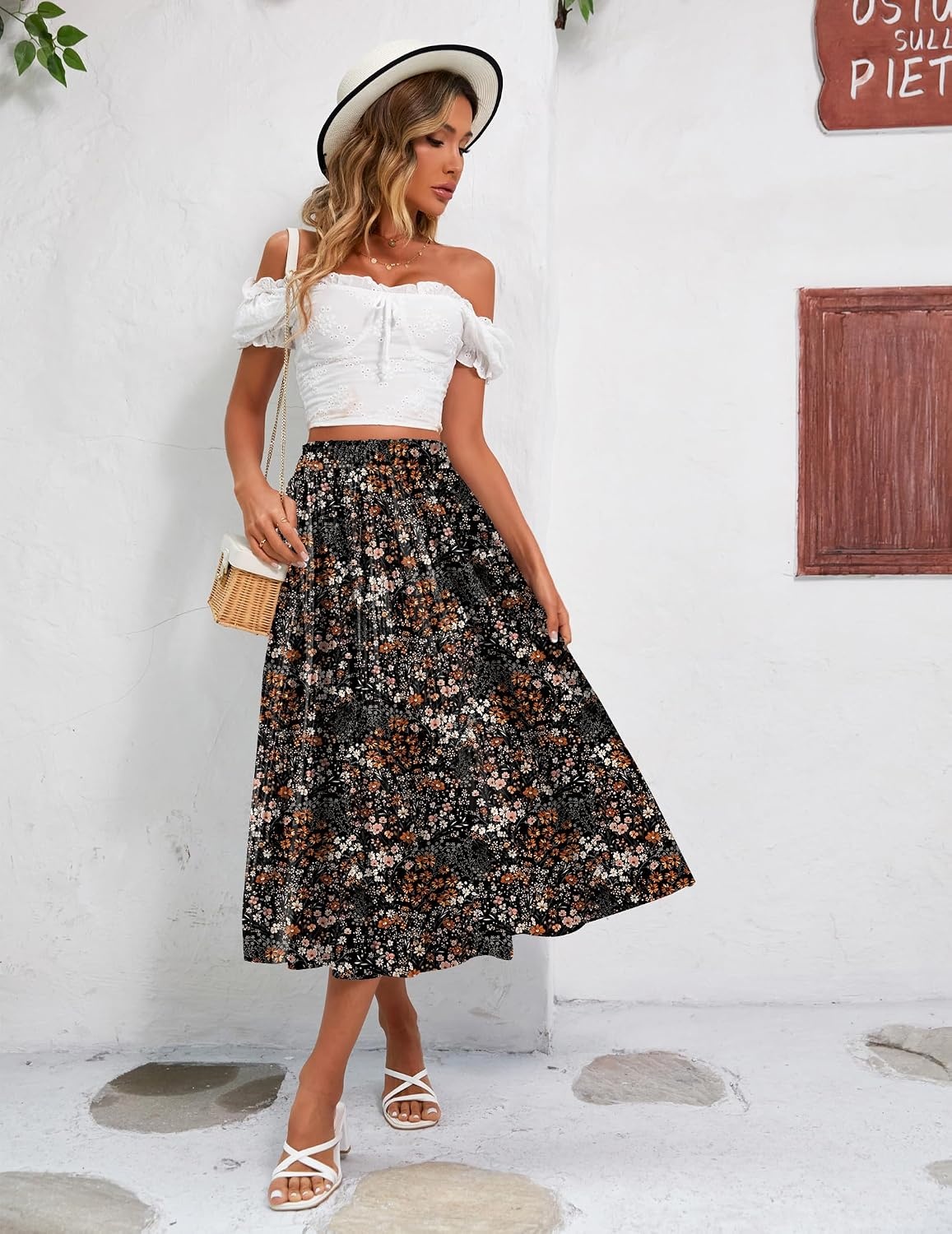 image:imageZeagoo Womens Midi Skirts High Waisted Pleated ALine Swing Skirts Summer Long Skirts with Pockets04black Floral
