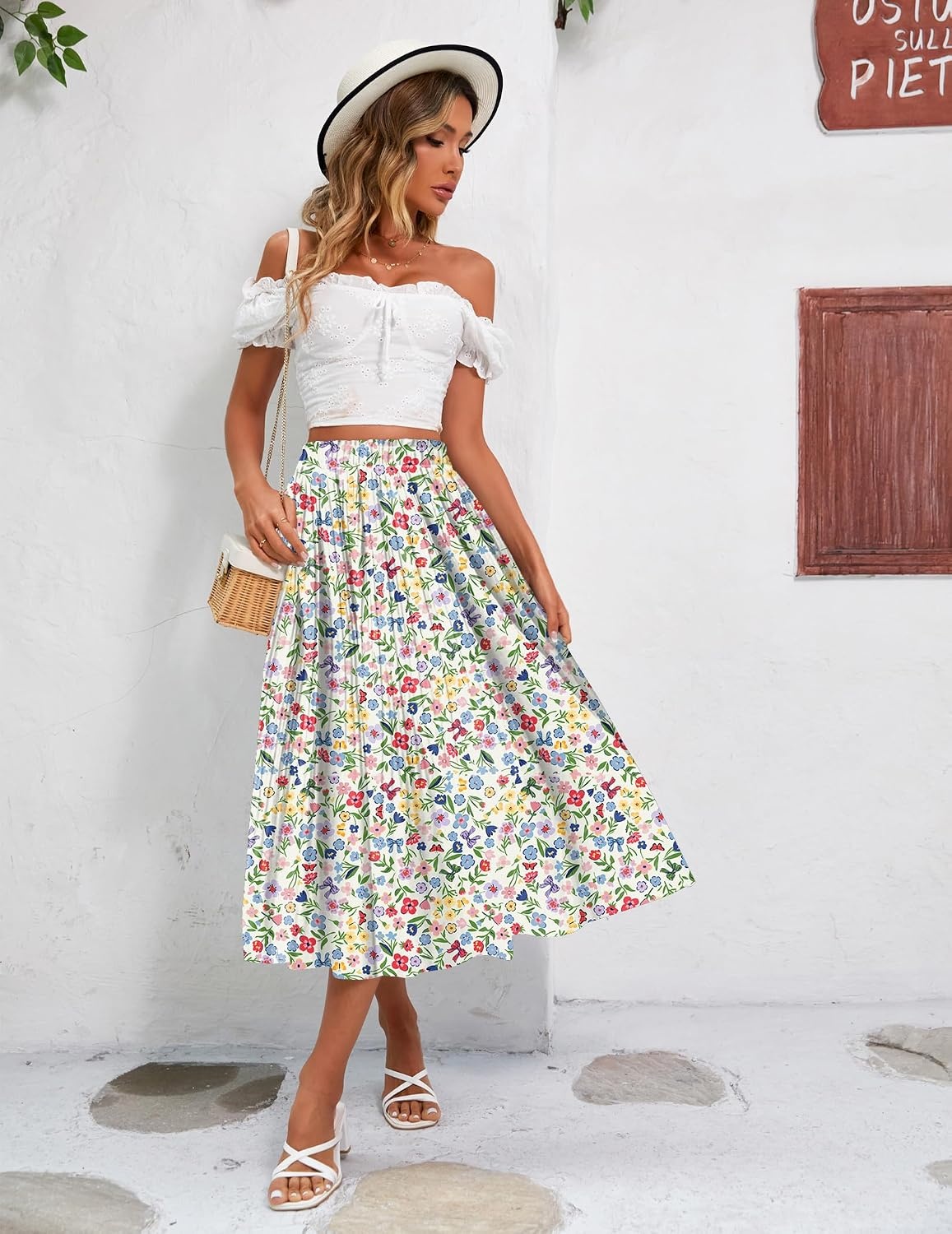 image:imageZeagoo Womens Midi Skirts High Waisted Pleated ALine Swing Skirts Summer Long Skirts with PocketsBeige Floral