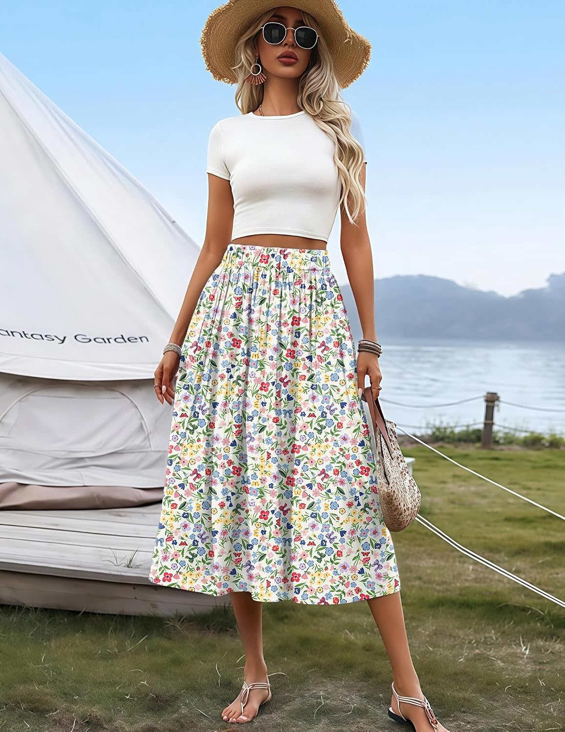 image:imageZeagoo Womens Midi Skirts High Waisted Pleated ALine Swing Skirts Summer Long Skirts with PocketsBeige Floral