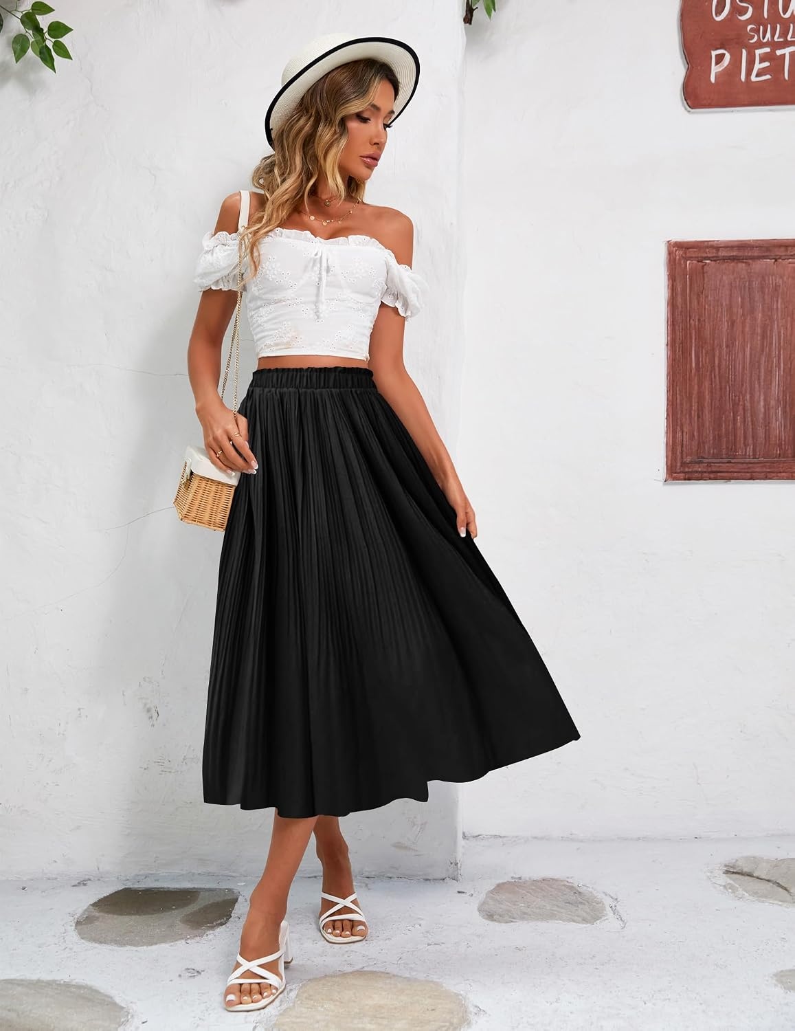 image:imageZeagoo Womens Midi Skirts High Waisted Pleated ALine Swing Skirts Summer Long Skirts with PocketsBlack