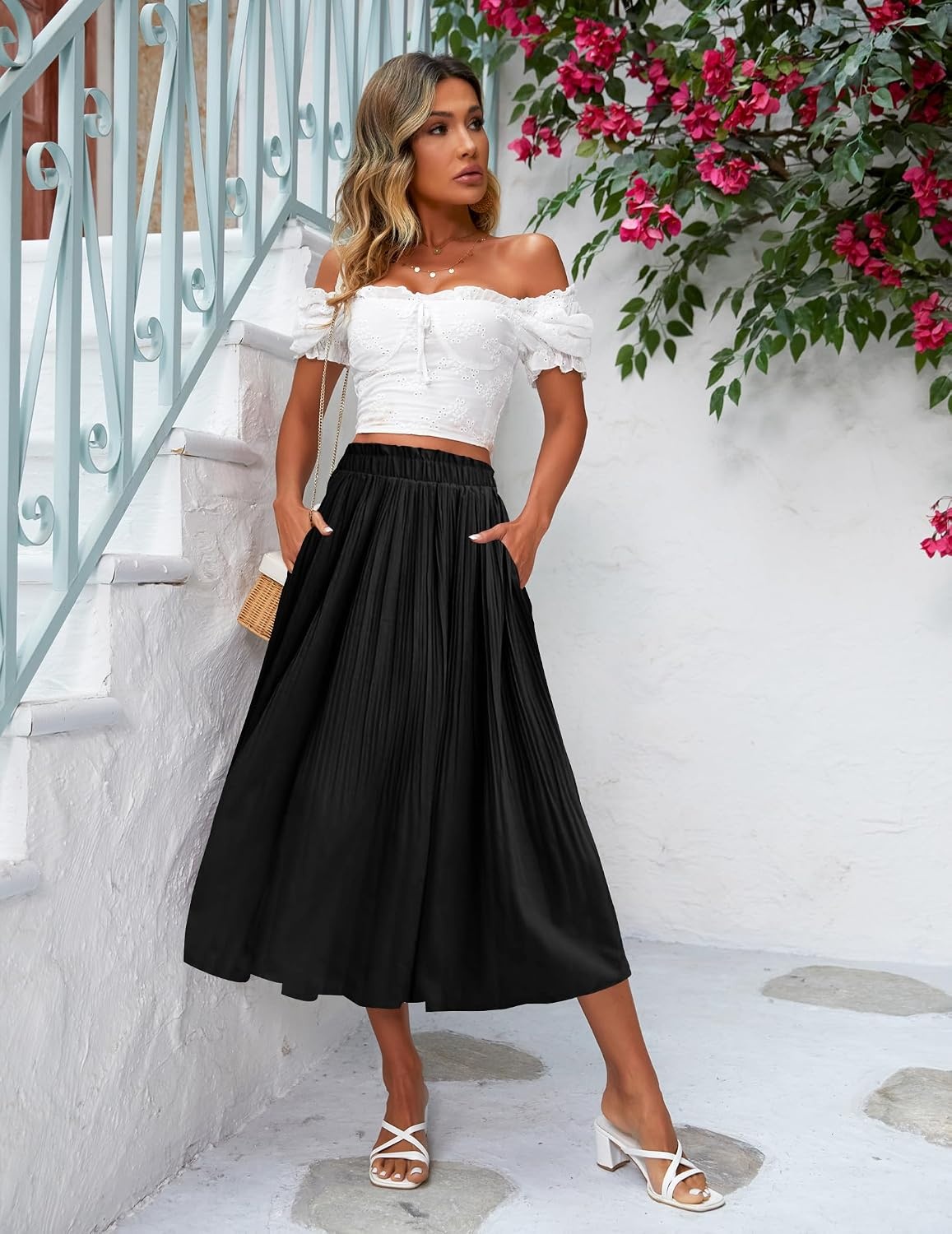 image:imageZeagoo Womens Midi Skirts High Waisted Pleated ALine Swing Skirts Summer Long Skirts with PocketsBlack