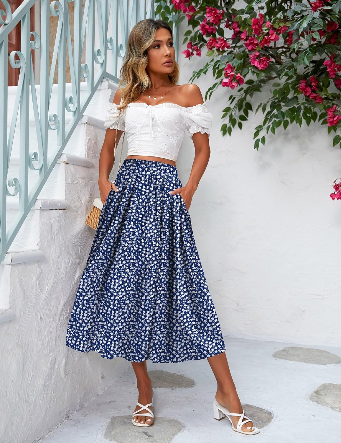 image:imageZeagoo Womens Midi Skirts High Waisted Pleated ALine Swing Skirts Summer Long Skirts with PocketsBlue Floral