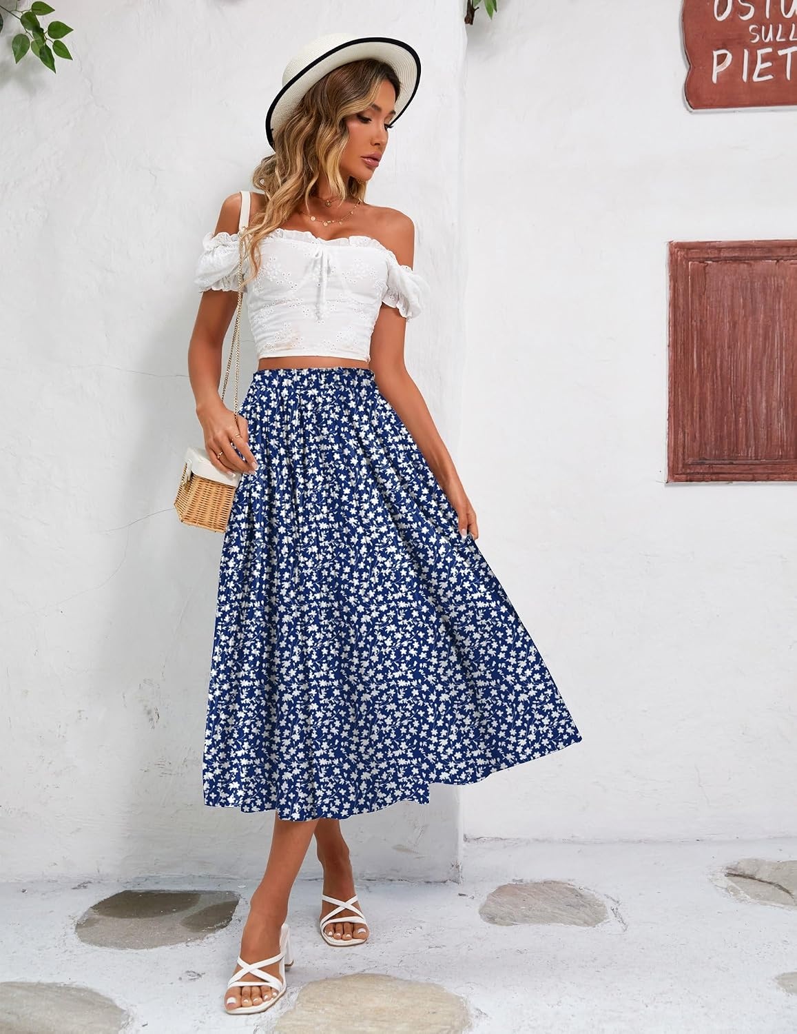 image:imageZeagoo Womens Midi Skirts High Waisted Pleated ALine Swing Skirts Summer Long Skirts with PocketsBlue Floral