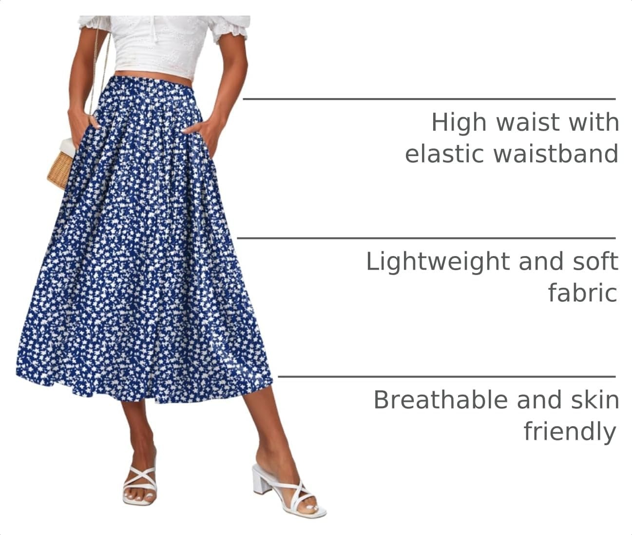 image:imageZeagoo Womens Midi Skirts High Waisted Pleated ALine Swing Skirts Summer Long Skirts with PocketsBlue Floral