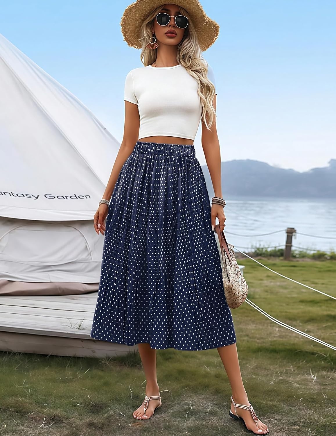image:imageZeagoo Womens Midi Skirts High Waisted Pleated ALine Swing Skirts Summer Long Skirts with PocketsBluedot