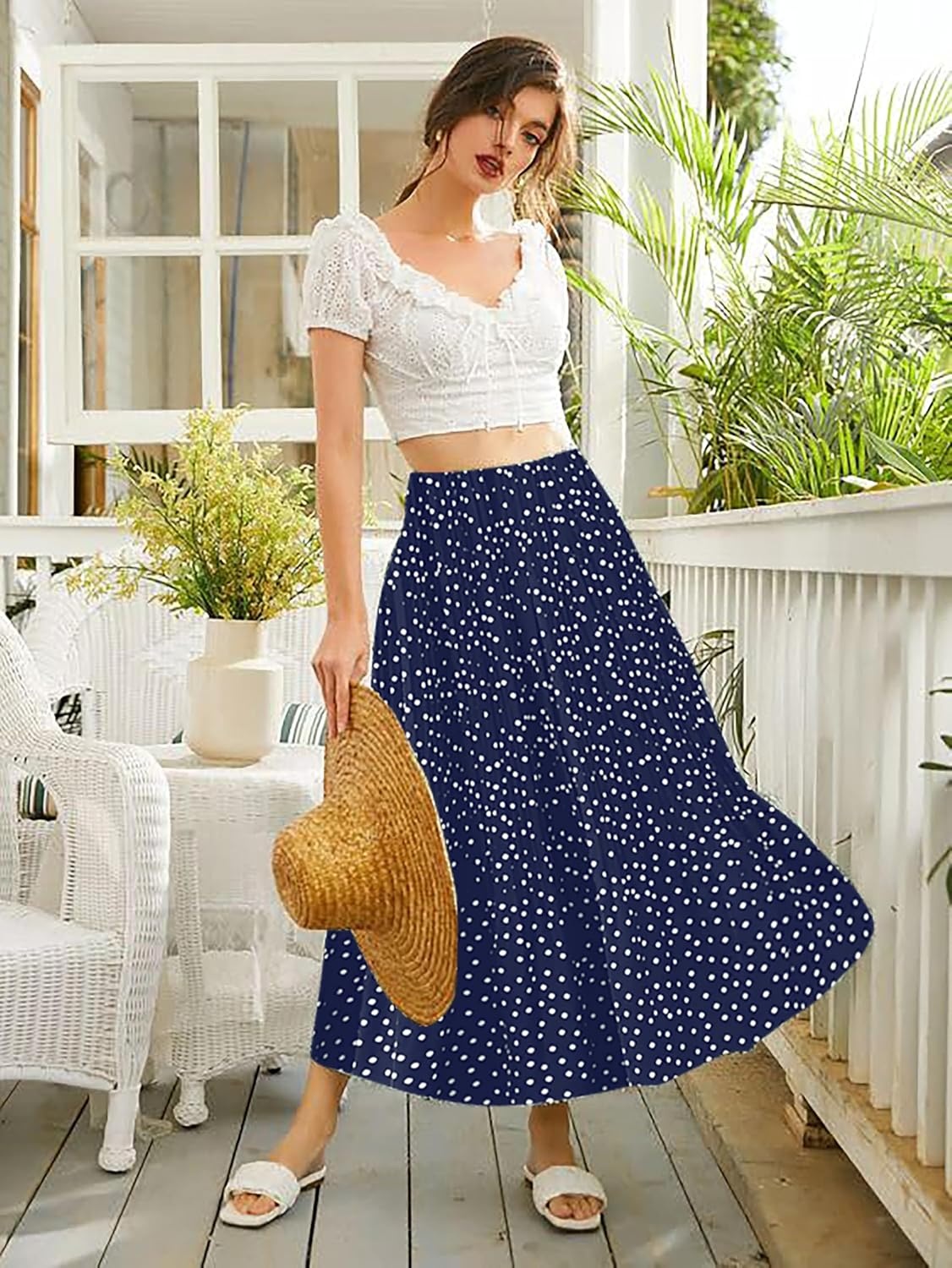 image:imageZeagoo Womens Midi Skirts High Waisted Pleated ALine Swing Skirts Summer Long Skirts with PocketsBluedot