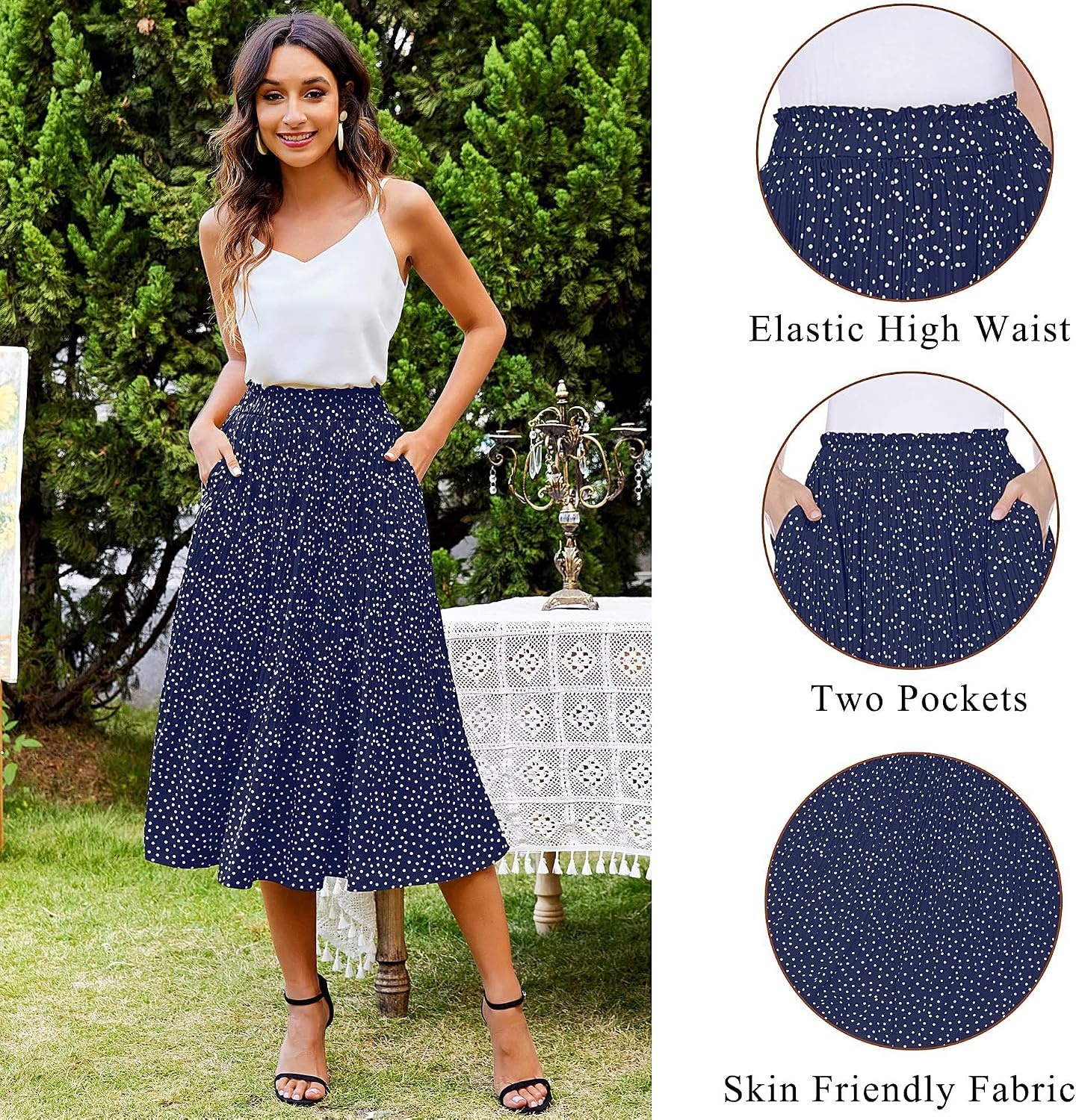 image:imageZeagoo Womens Midi Skirts High Waisted Pleated ALine Swing Skirts Summer Long Skirts with PocketsBluedot