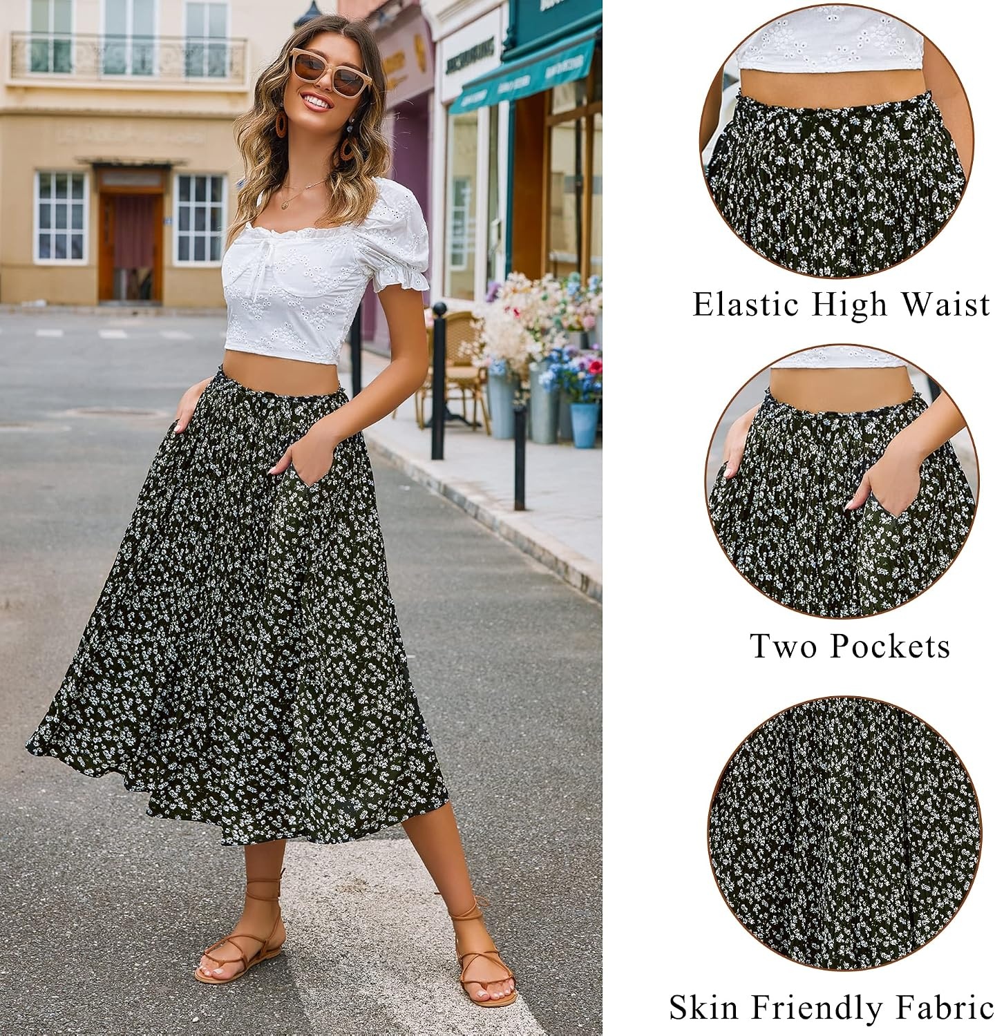 image:imageZeagoo Womens Midi Skirts High Waisted Pleated ALine Swing Skirts Summer Long Skirts with PocketsFloralblack