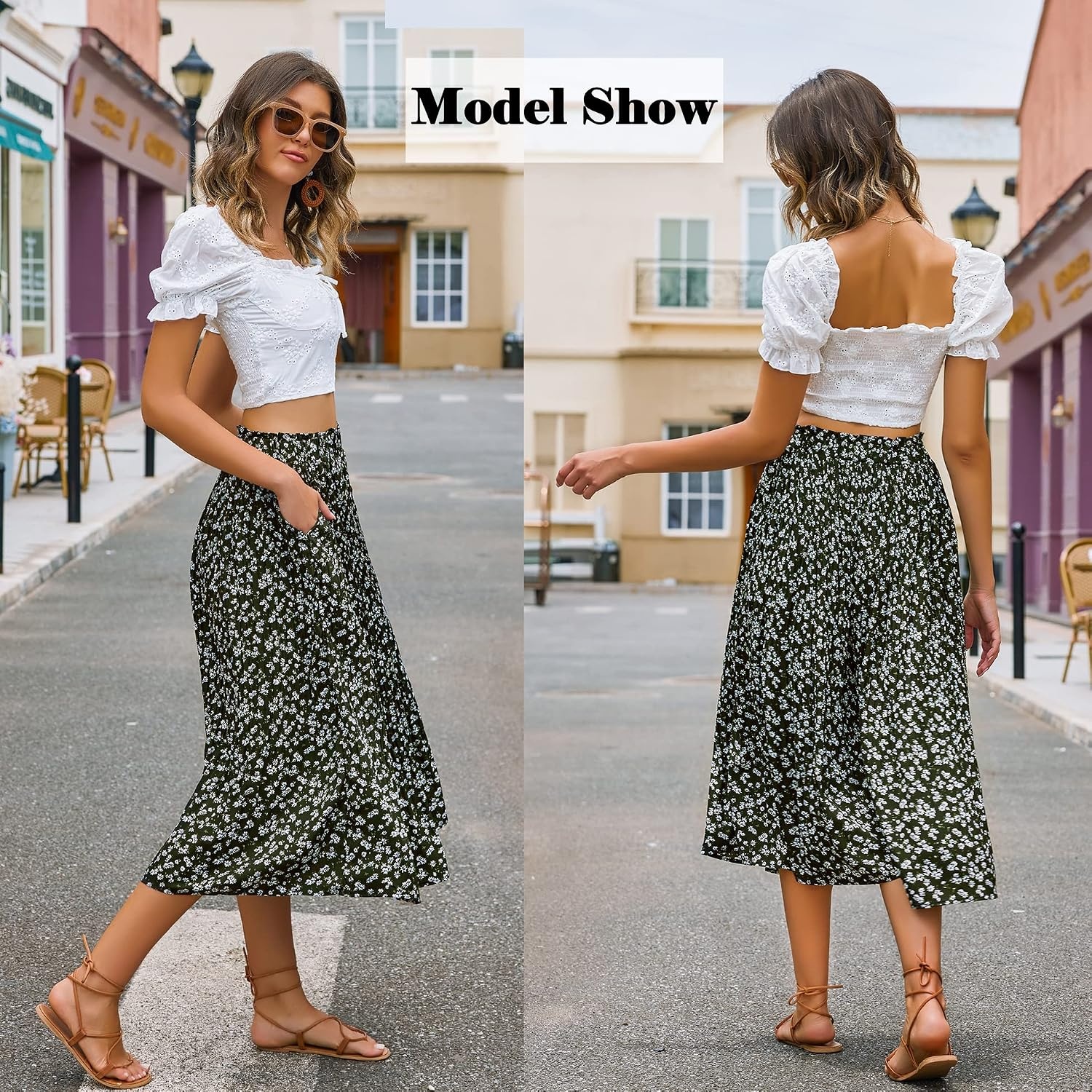 image:imageZeagoo Womens Midi Skirts High Waisted Pleated ALine Swing Skirts Summer Long Skirts with PocketsFloralblack