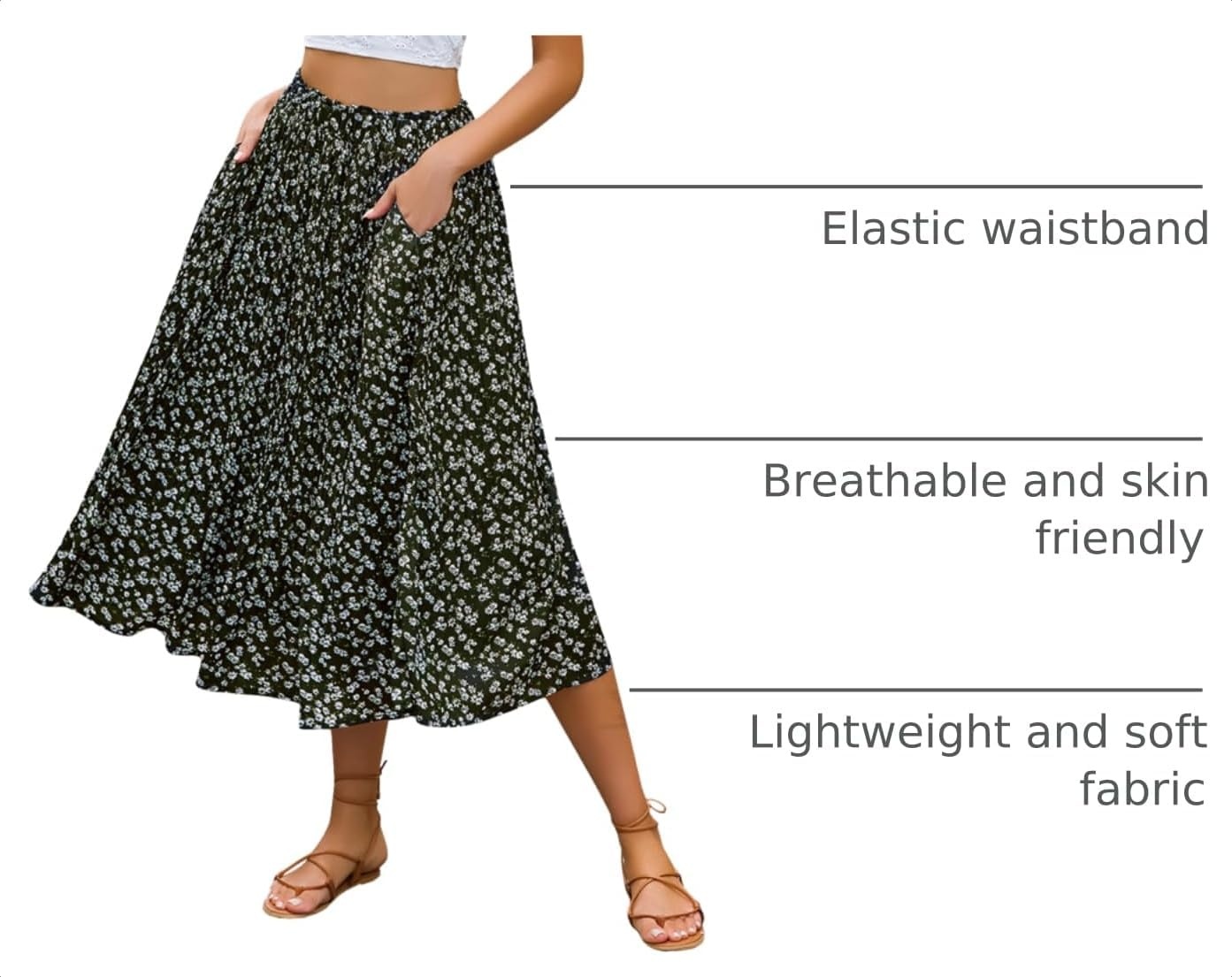 image:imageZeagoo Womens Midi Skirts High Waisted Pleated ALine Swing Skirts Summer Long Skirts with PocketsFloralblack