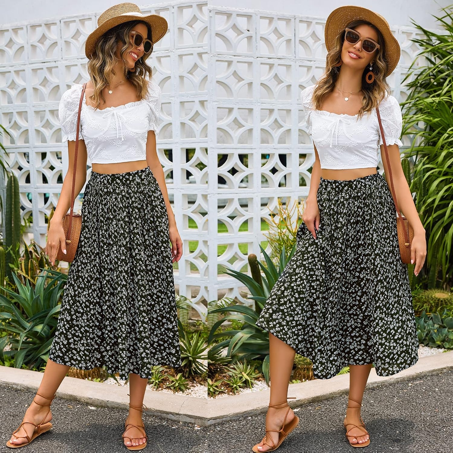 image:imageZeagoo Womens Midi Skirts High Waisted Pleated ALine Swing Skirts Summer Long Skirts with PocketsFloralblack