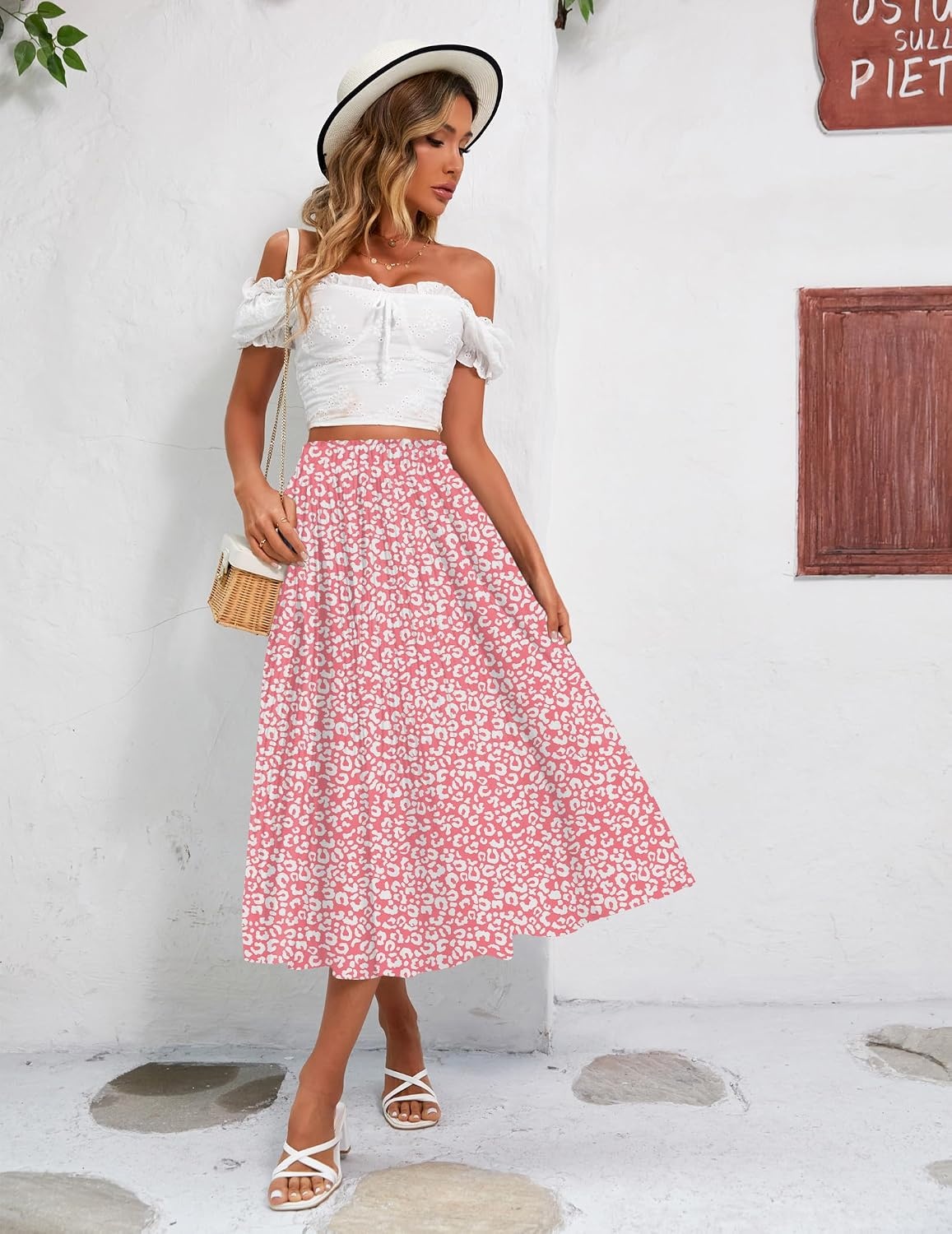 image:imageZeagoo Womens Midi Skirts High Waisted Pleated ALine Swing Skirts Summer Long Skirts with PocketsPink 2