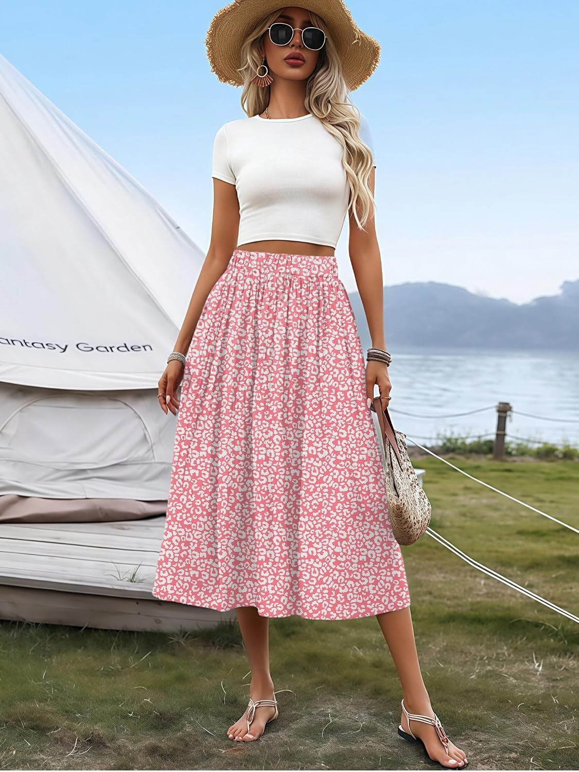 image:imageZeagoo Womens Midi Skirts High Waisted Pleated ALine Swing Skirts Summer Long Skirts with PocketsPink 2